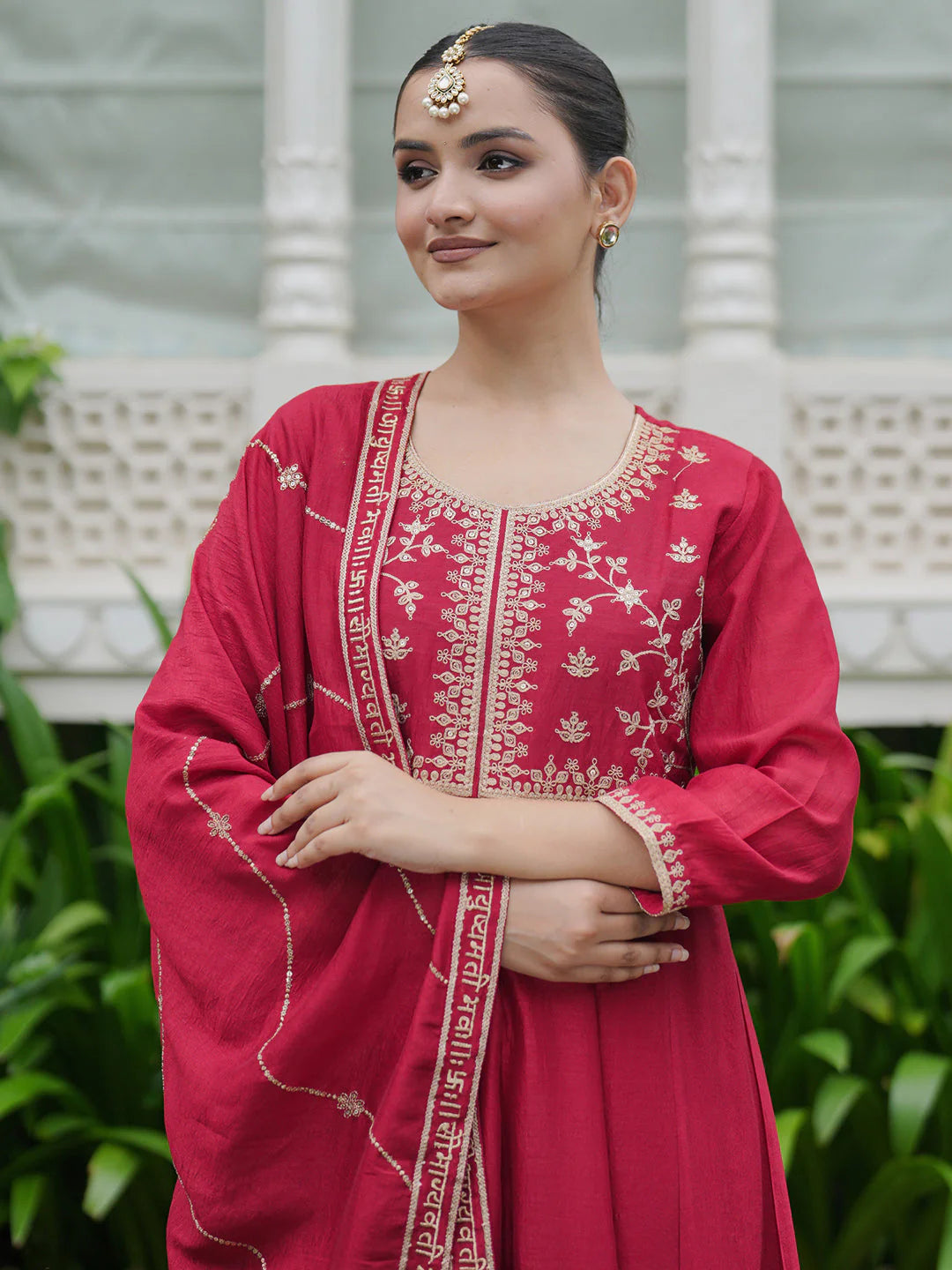 Red Embroidered Anarkali Kurta Trousers With Dupatta Set
