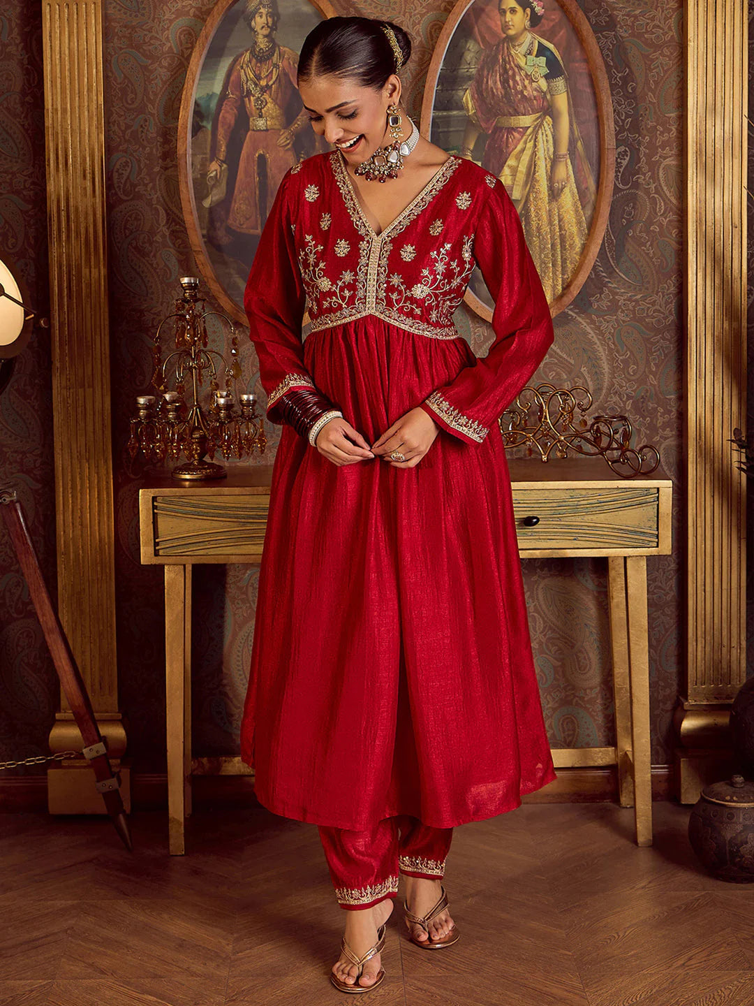 Red Embroidered A-Line Kurta Trousers With Dupatta Set