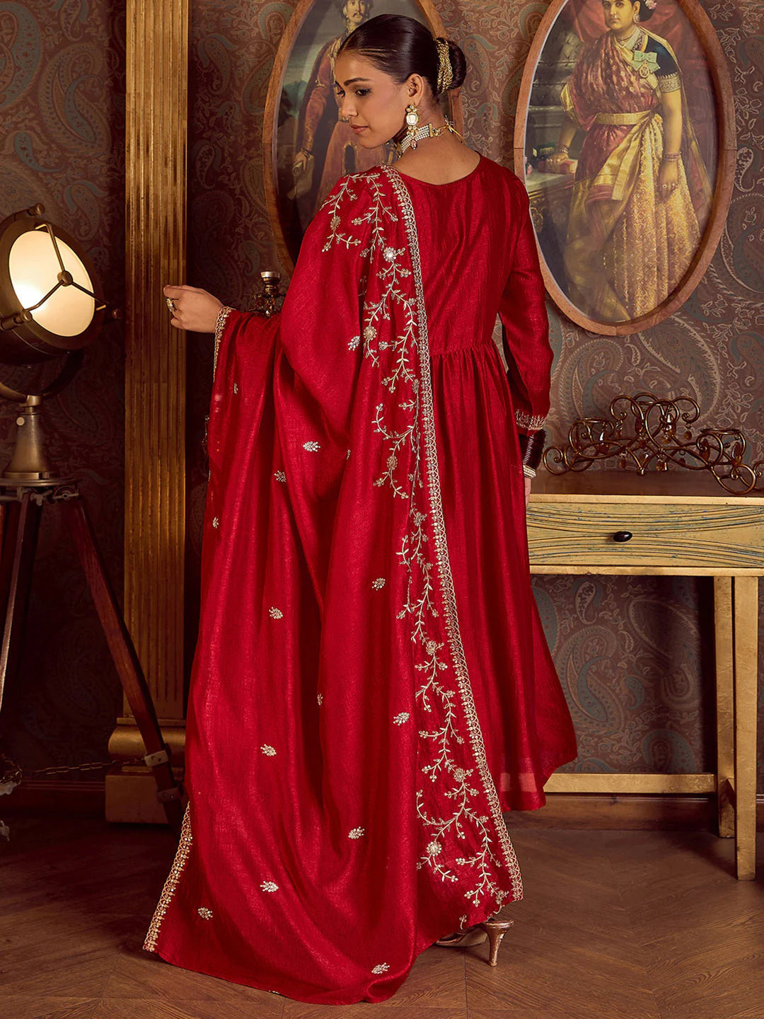 Red Embroidered A-Line Kurta Trousers With Dupatta Set
