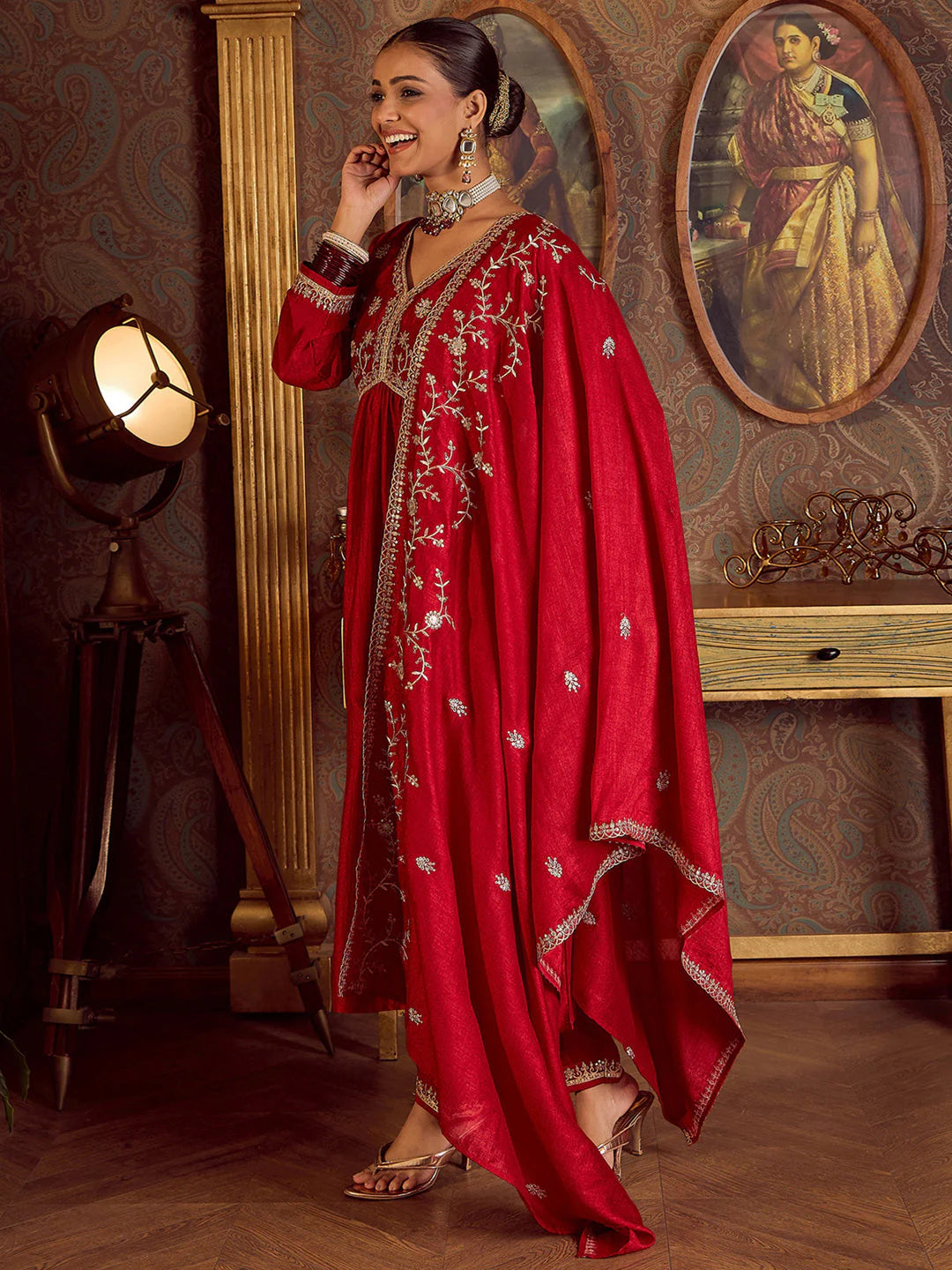 Red Embroidered A-Line Kurta Trousers With Dupatta Set