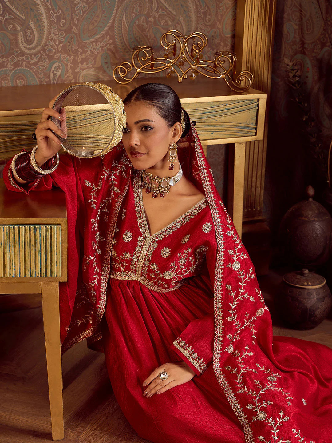 Red Embroidered A-Line Kurta Trousers With Dupatta Set