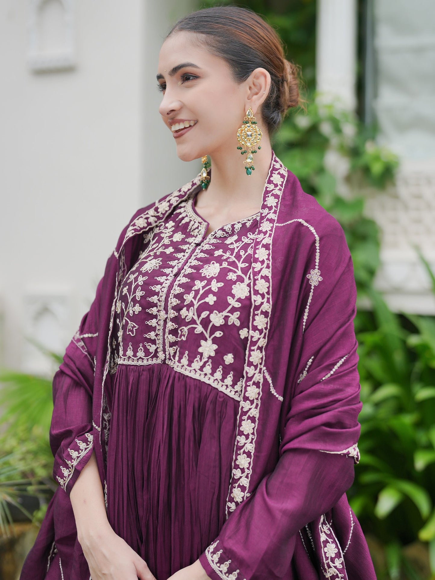 Indo Era Burgundy Embroidered Anarkali Kurta Trousers With Dupatta set