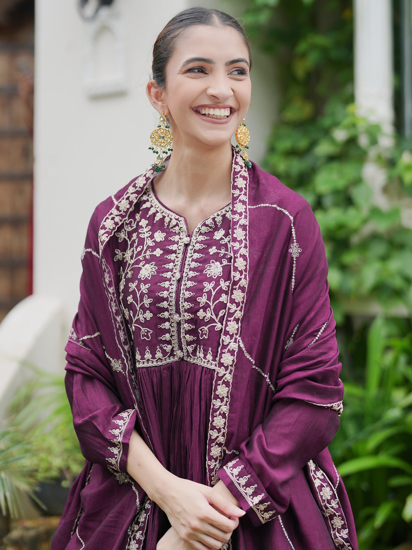Indo Era Burgundy Embroidered Anarkali Kurta Trousers With Dupatta set