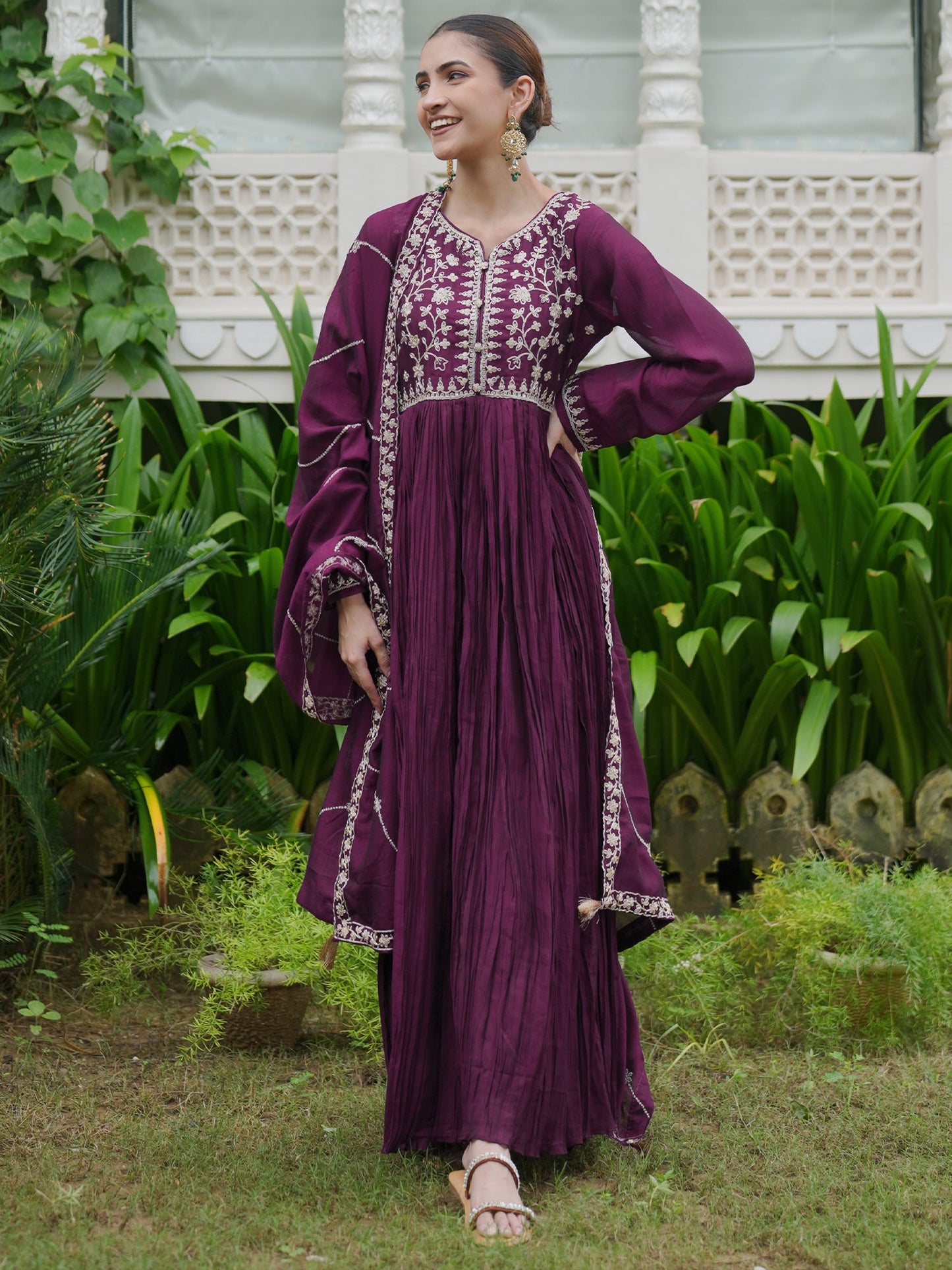 Indo Era Burgundy Embroidered Anarkali Kurta Trousers With Dupatta set