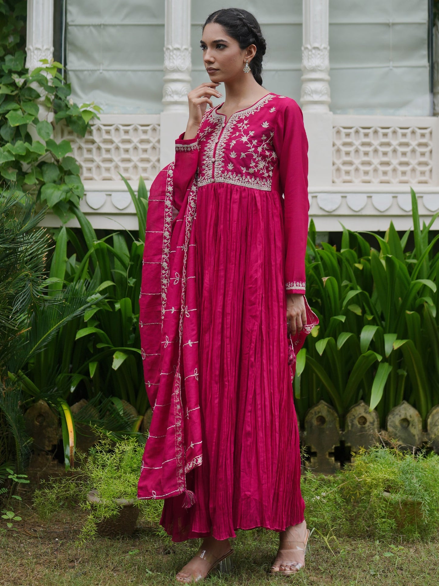 Indo Era Magenta Embroidered Anarkali Kurta Trousers With Dupatta set