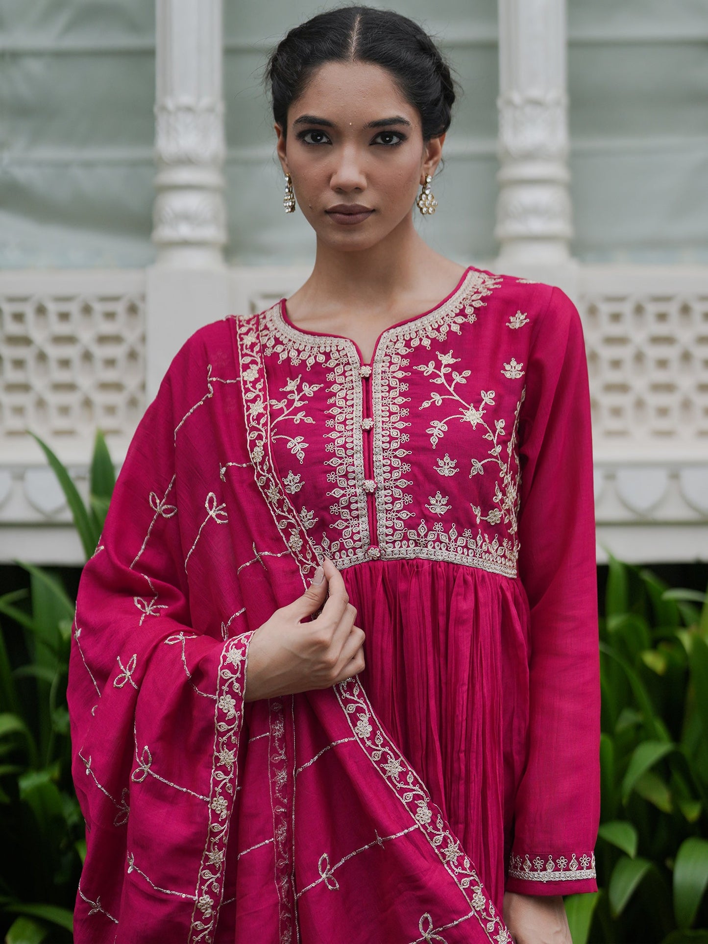 Indo Era Magenta Embroidered Anarkali Kurta Trousers With Dupatta set