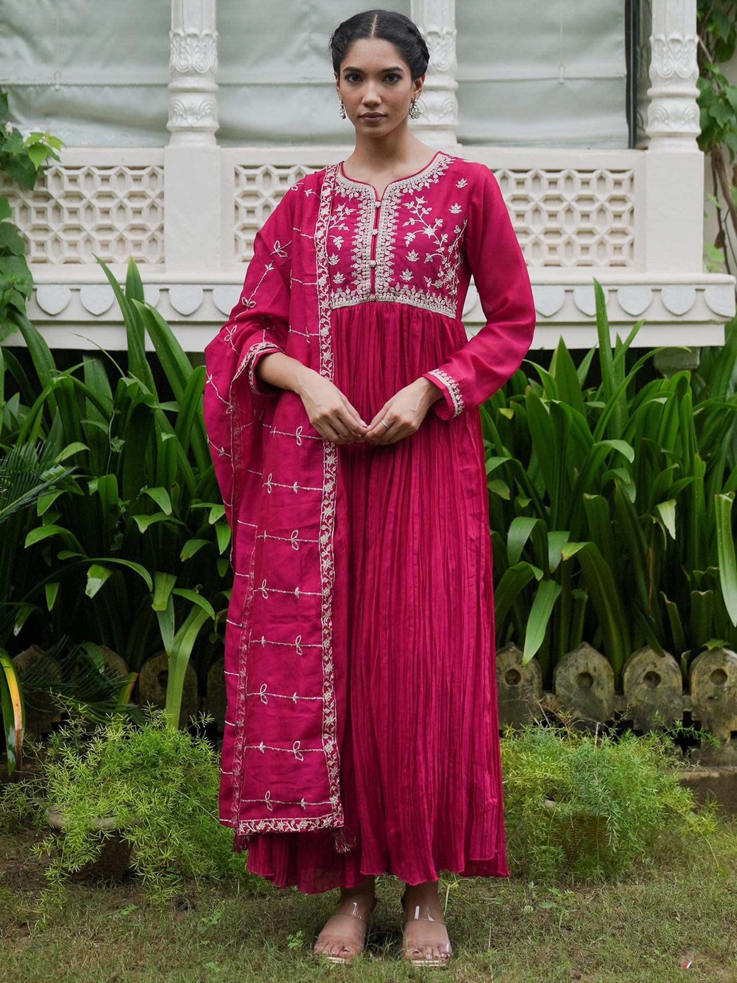 Indo Era Magenta Embroidered Anarkali Kurta Trousers With Dupatta set
