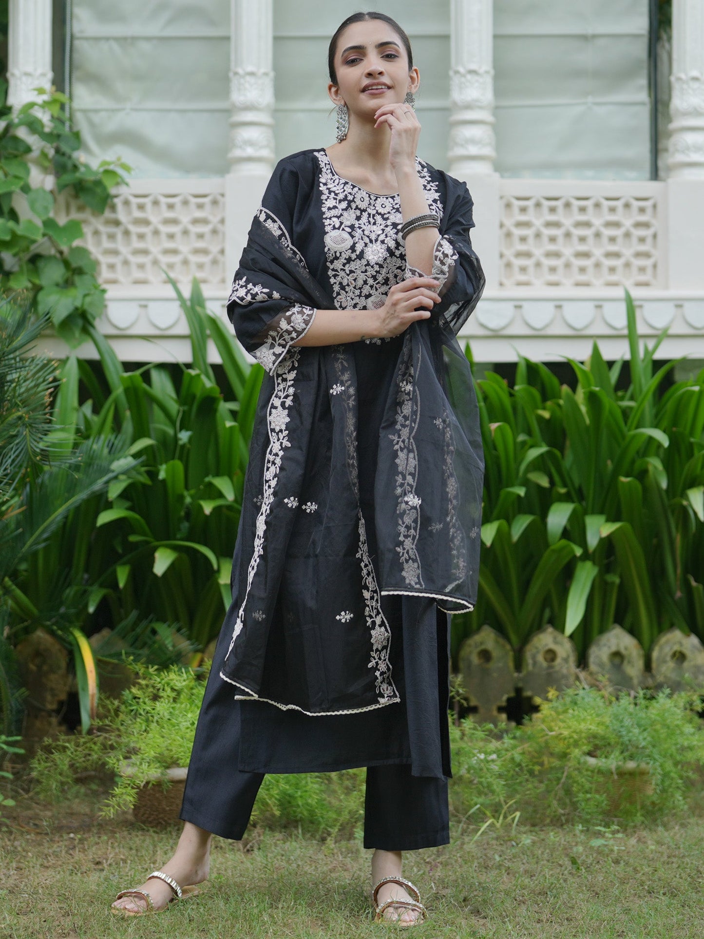 Indo Era Black Embroidered Straight Kurta Trousers With Dupatta Set