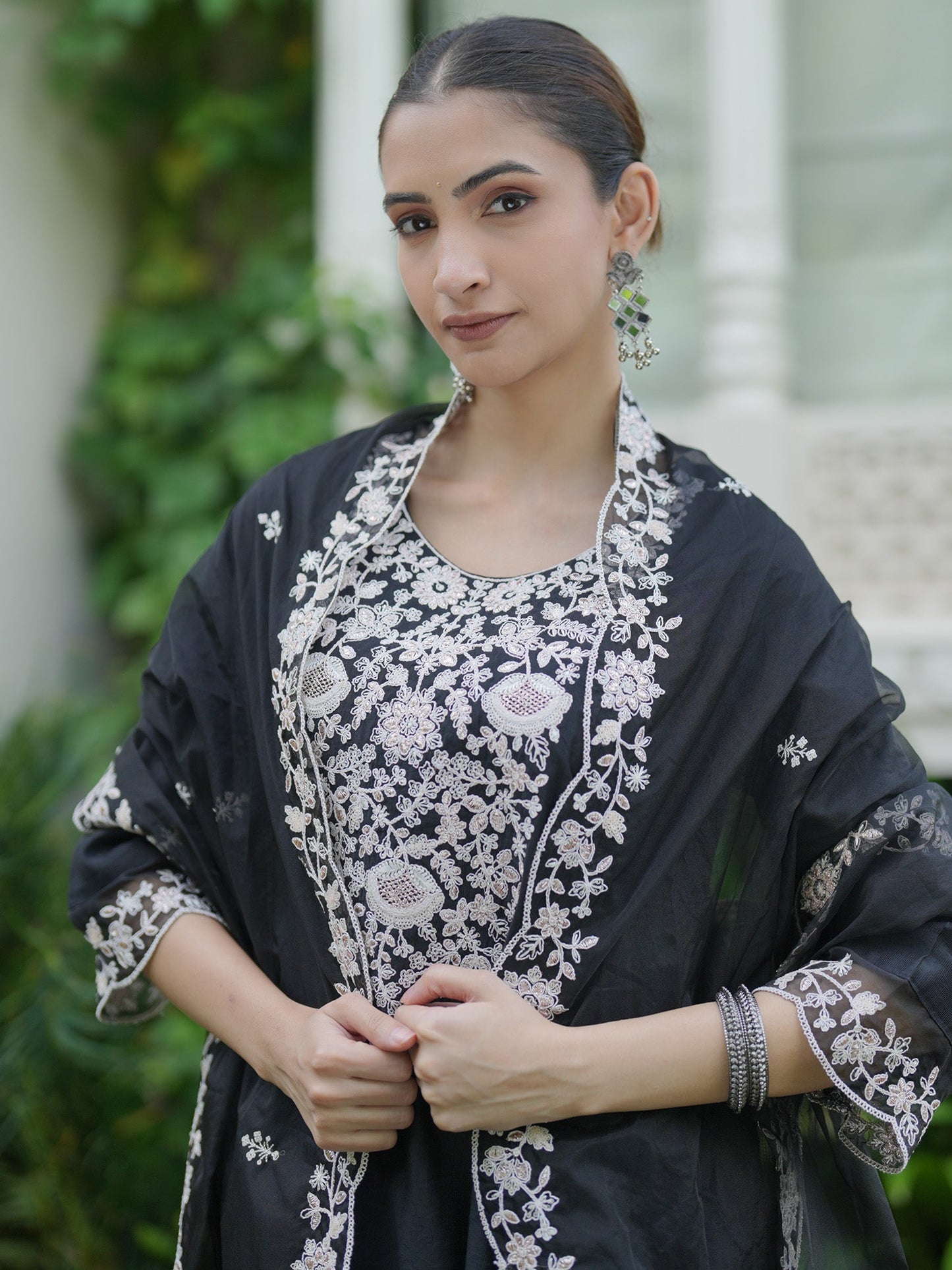Indo Era Black Embroidered Straight Kurta Trousers With Dupatta Set