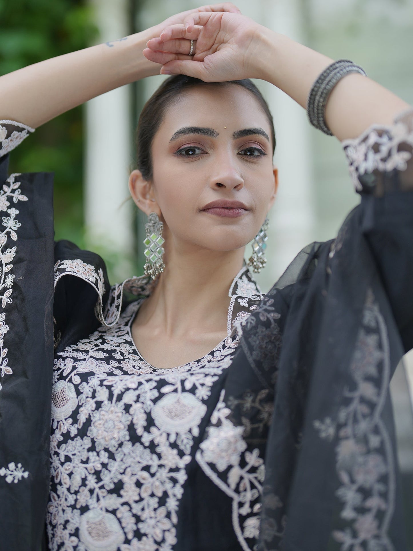 Indo Era Black Embroidered Straight Kurta Trousers With Dupatta Set