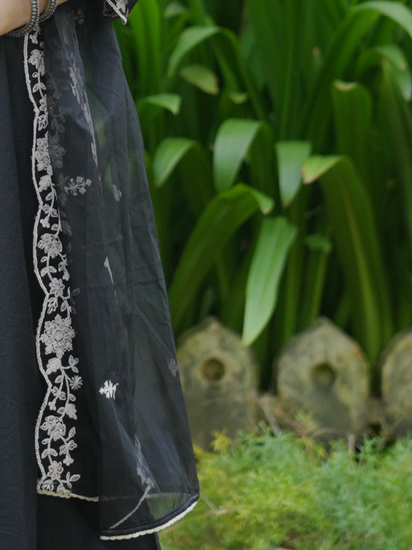Indo Era Black Embroidered Straight Kurta Trousers With Dupatta Set