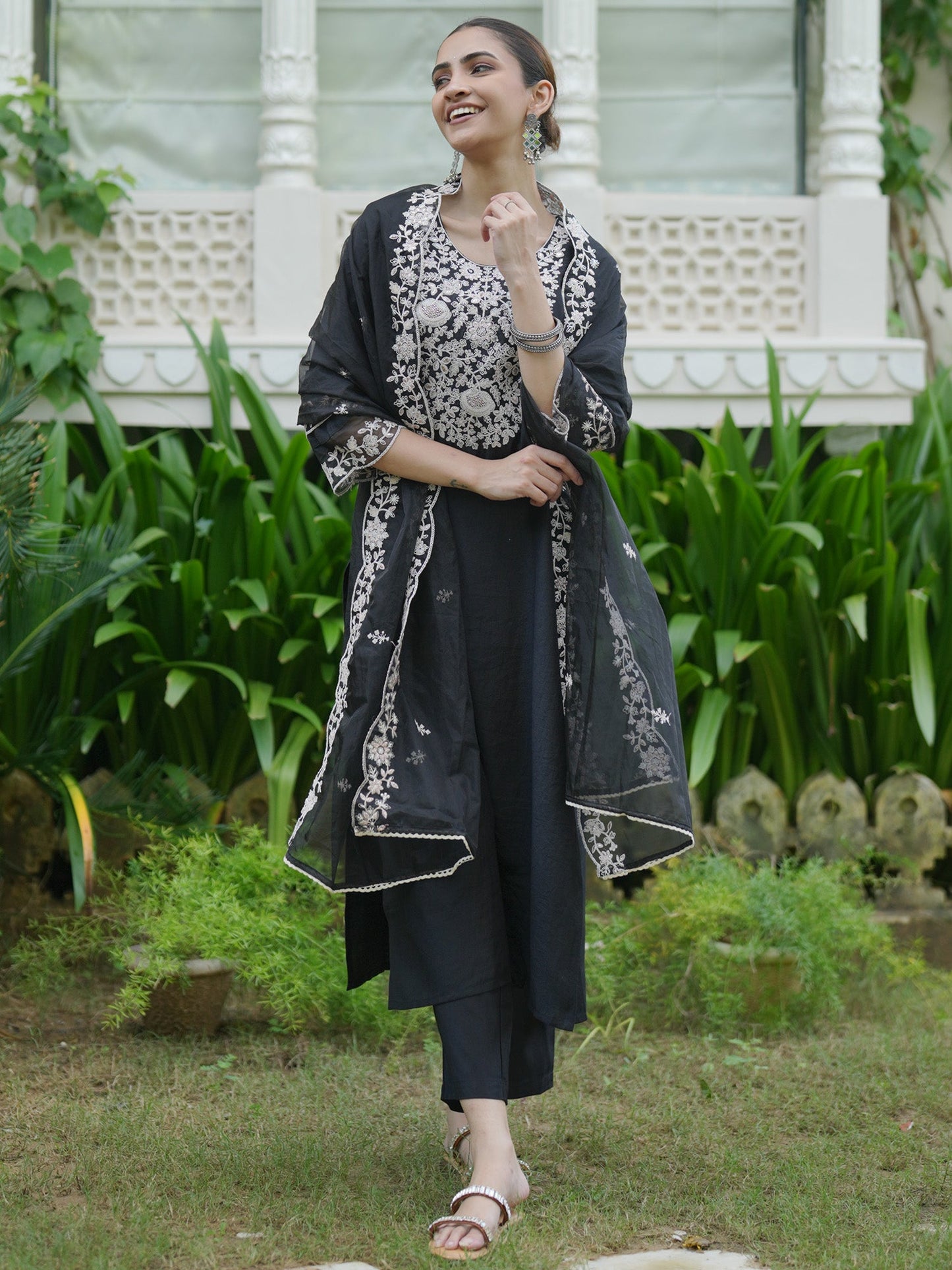 Indo Era Black Embroidered Straight Kurta Trousers With Dupatta Set