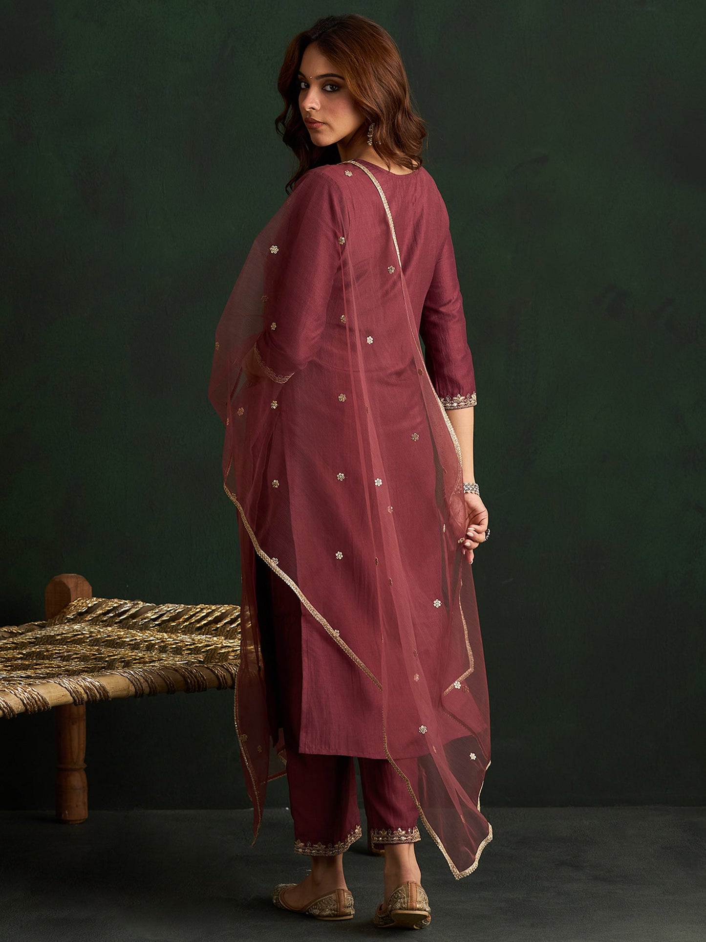 Mauve Embroidered Straight Kurta Trousers With Dupatta Set