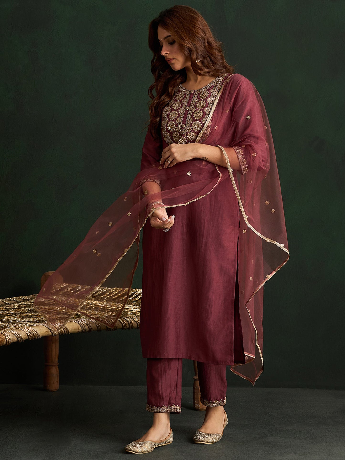 Mauve Embroidered Straight Kurta Trousers With Dupatta Set