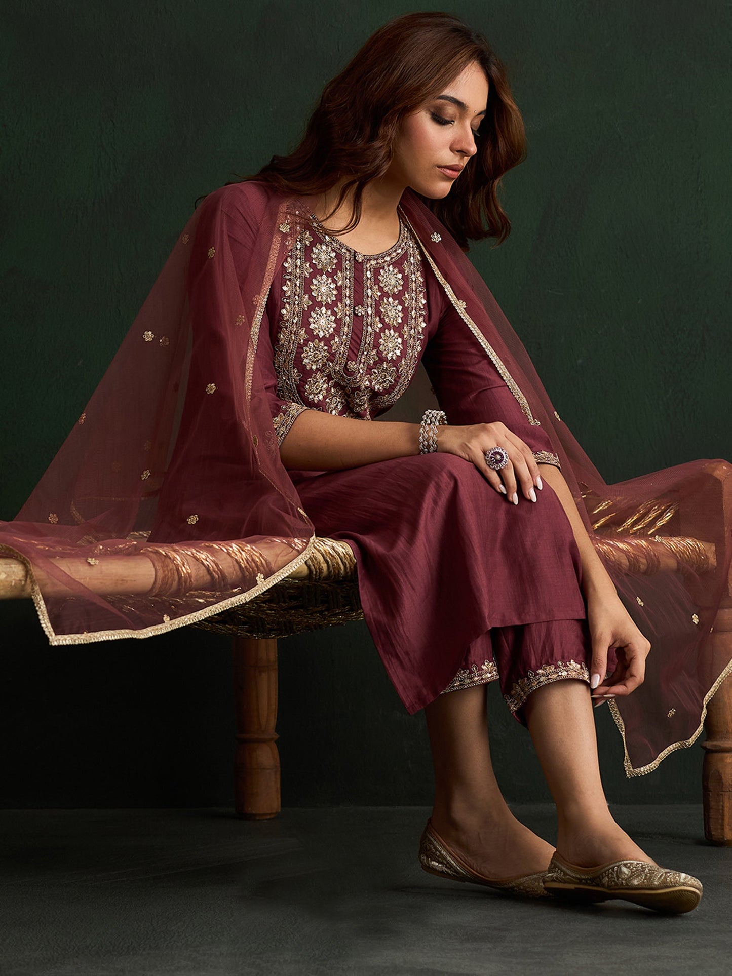 Mauve Embroidered Straight Kurta Trousers With Dupatta Set