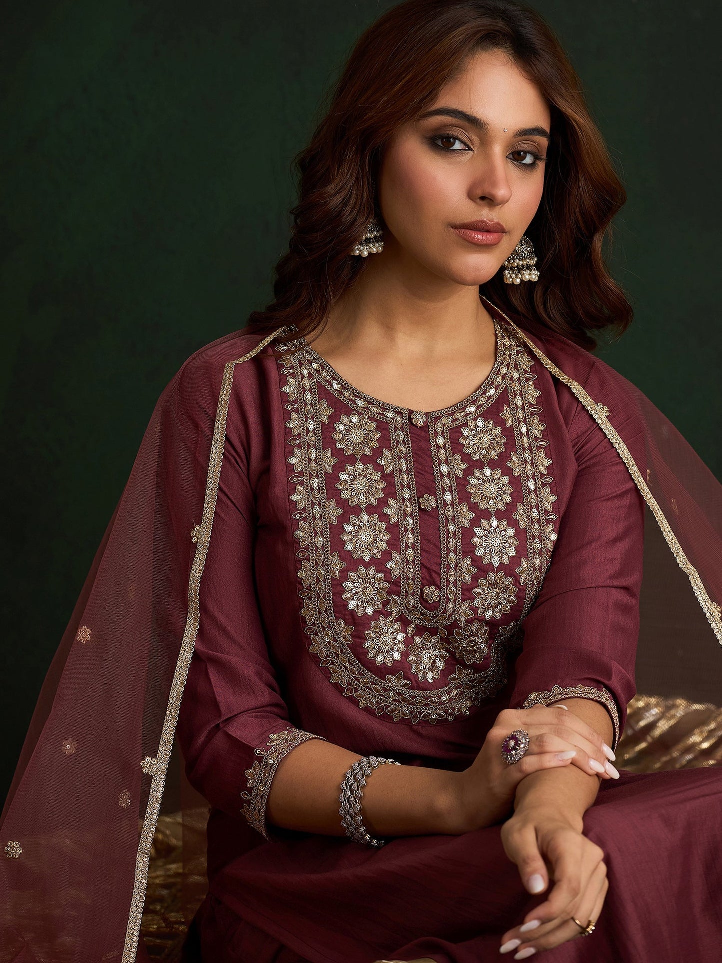 Mauve Embroidered Straight Kurta Trousers With Dupatta Set