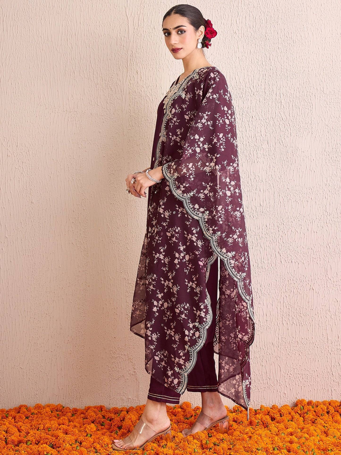 Indo Era Burgundy Embroidered Straight Kurta Trousers With Dupatta Set