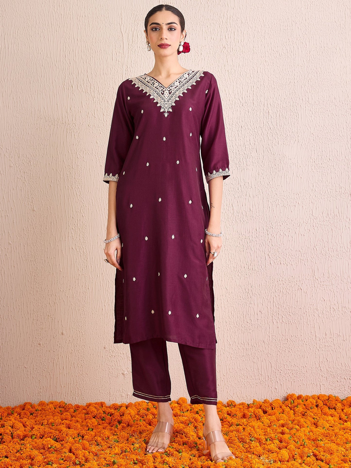 Indo Era Burgundy Embroidered Straight Kurta Trousers With Dupatta Set