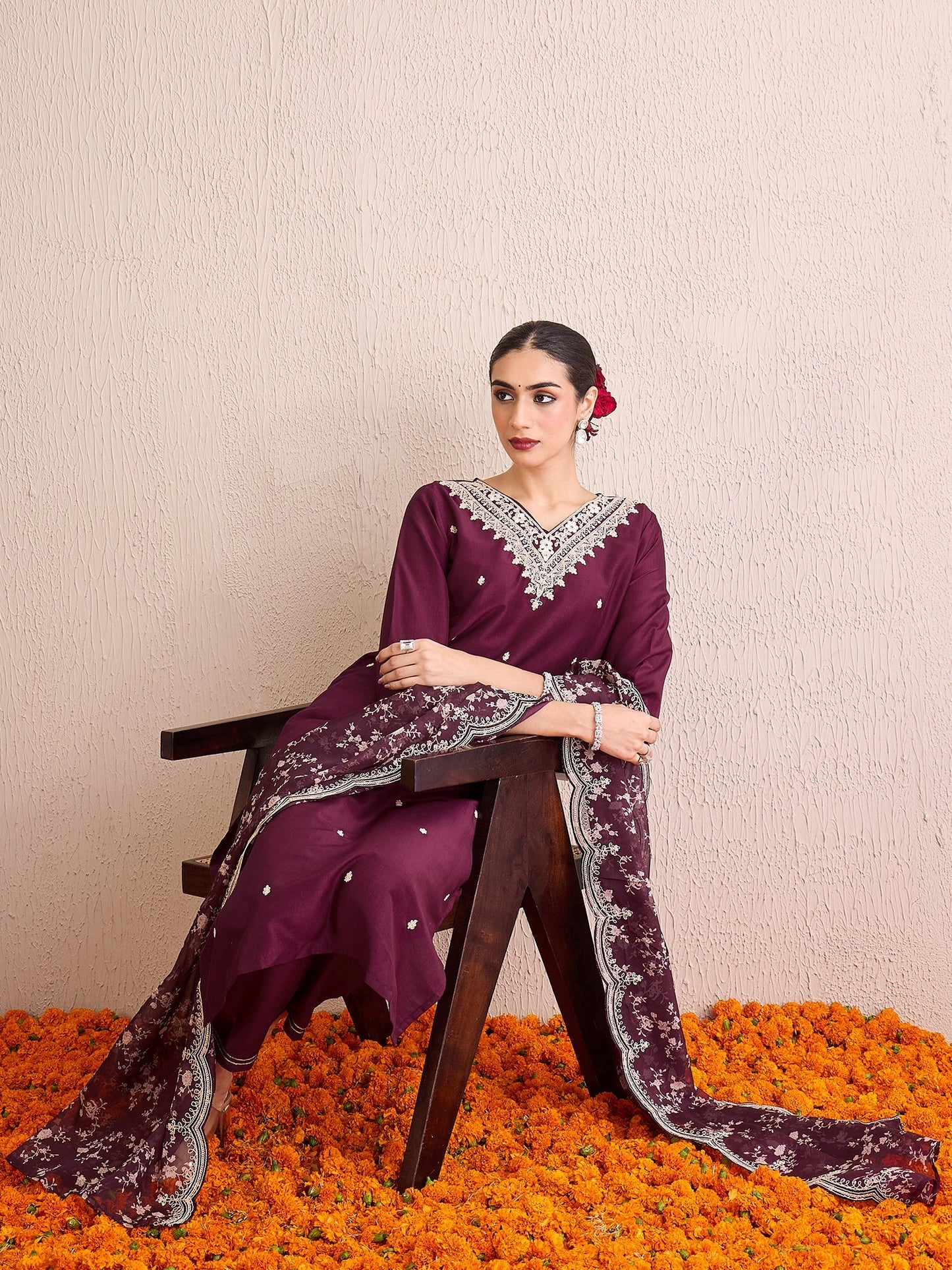 Indo Era Burgundy Embroidered Straight Kurta Trousers With Dupatta Set