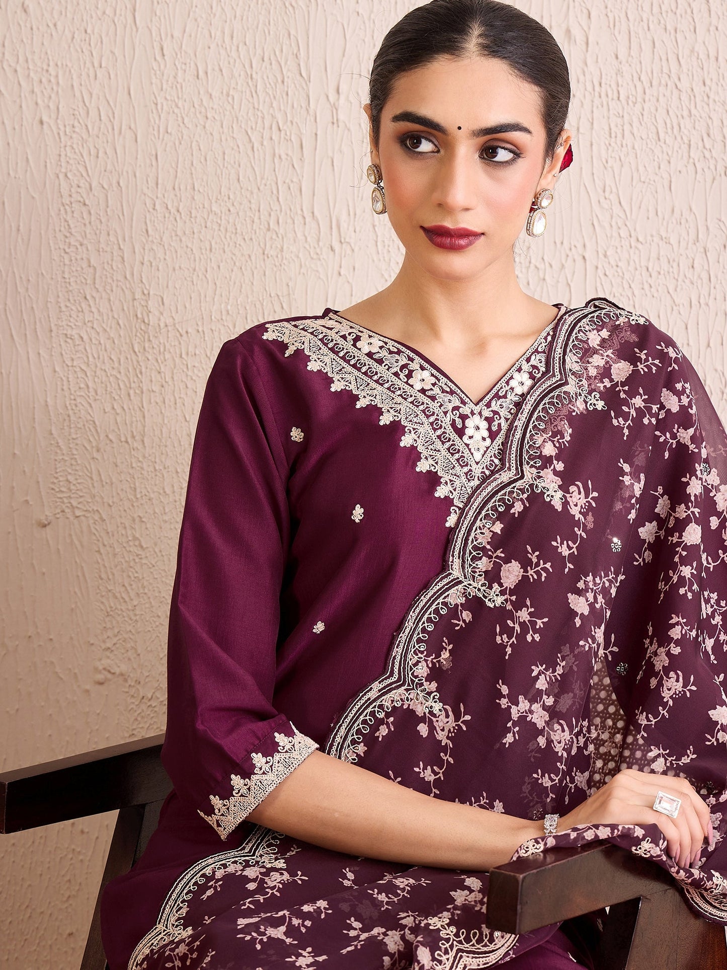 Indo Era Burgundy Embroidered Straight Kurta Trousers With Dupatta Set