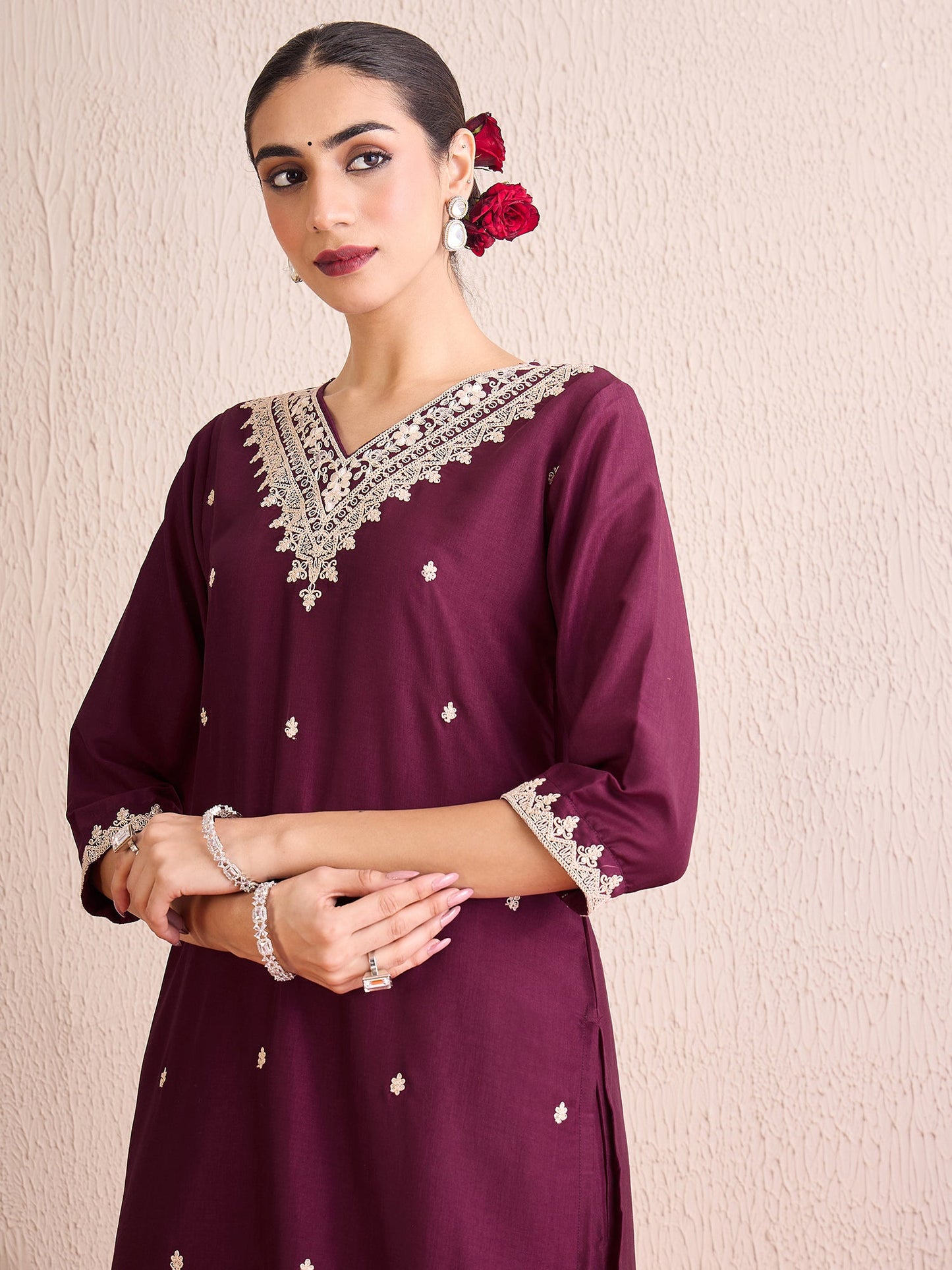 Indo Era Burgundy Embroidered Straight Kurta Trousers With Dupatta Set