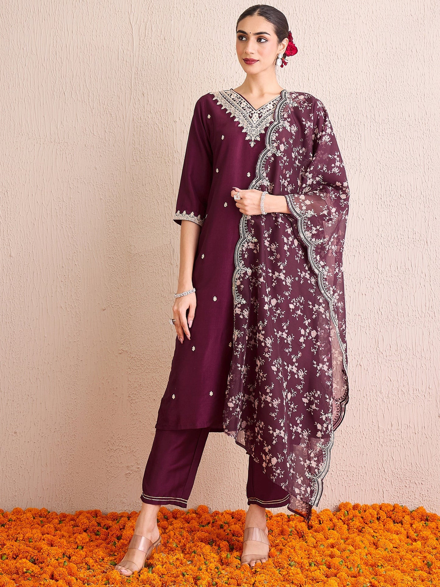 Indo Era Burgundy Embroidered Straight Kurta Trousers With Dupatta Set