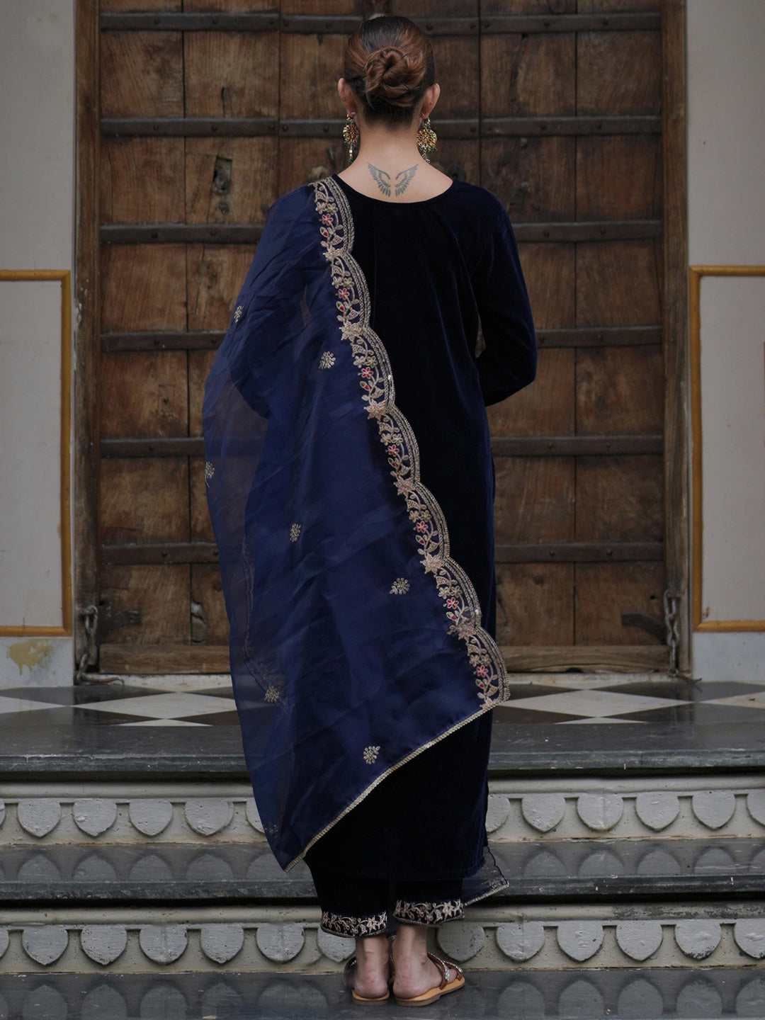 Indo Era Blue Embroidered Straight Kurta Trousers With Dupatta set
