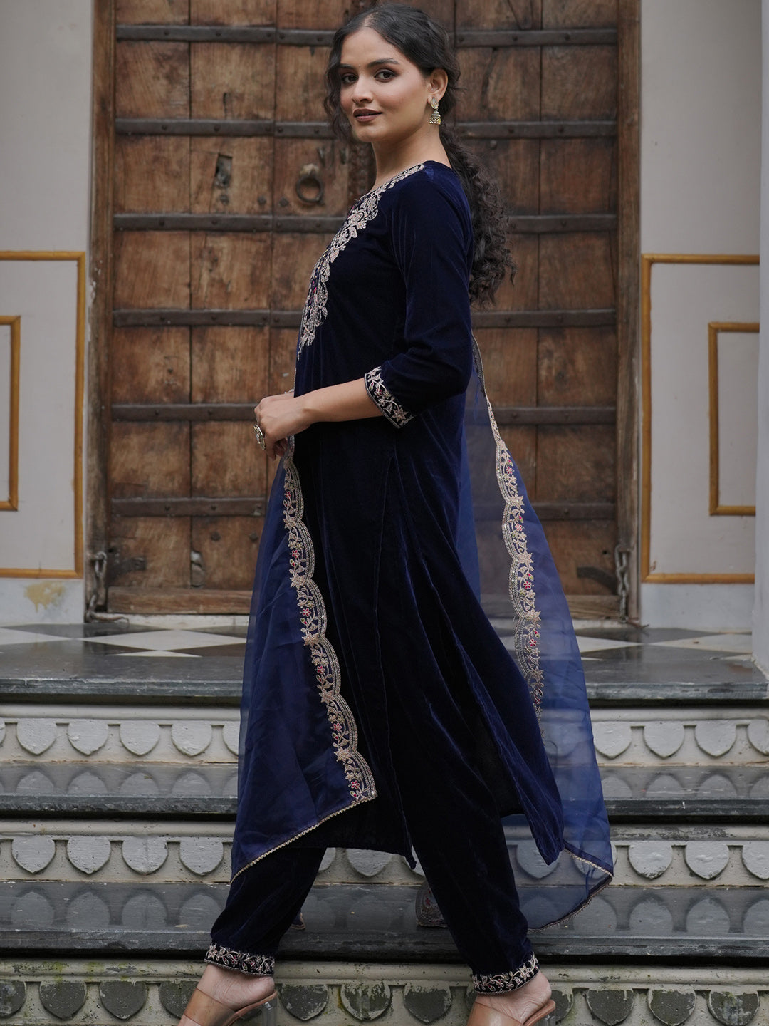 Indo Era Blue Embroidered Straight Kurta Trousers With Dupatta set