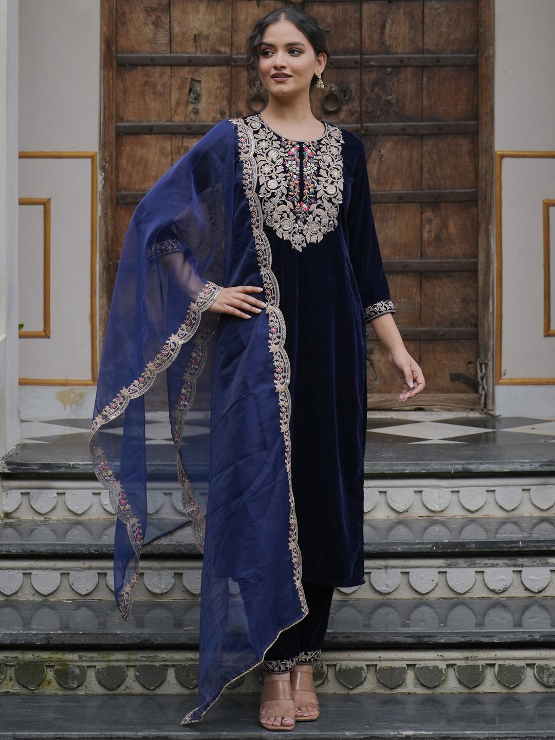 Indo Era Blue Embroidered Straight Kurta Trousers With Dupatta set