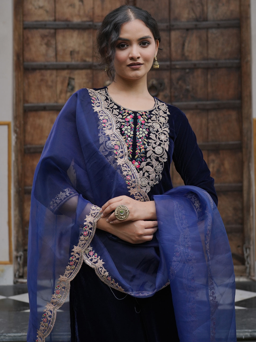 Indo Era Blue Embroidered Straight Kurta Trousers With Dupatta set
