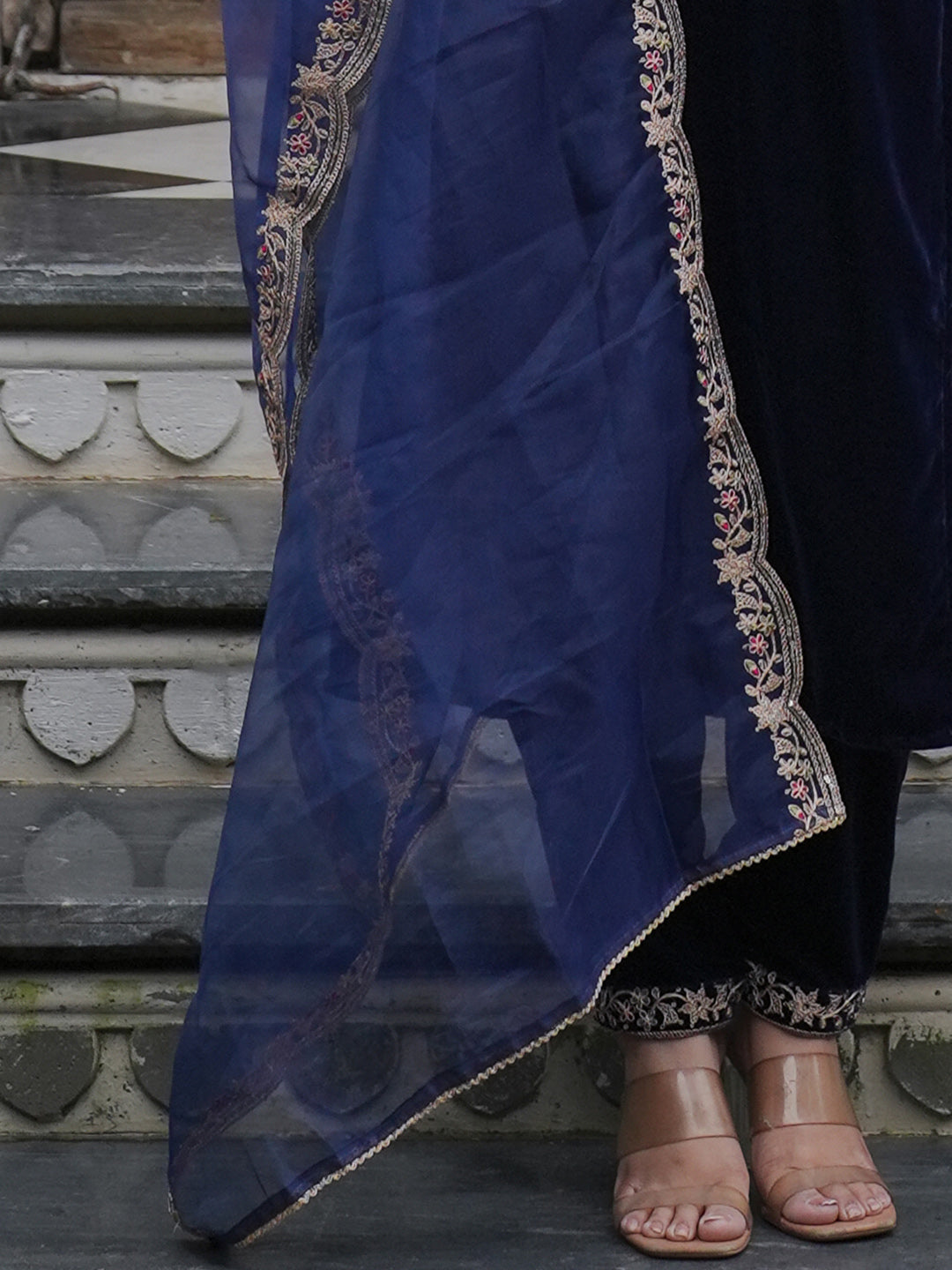 Indo Era Blue Embroidered Straight Kurta Trousers With Dupatta set