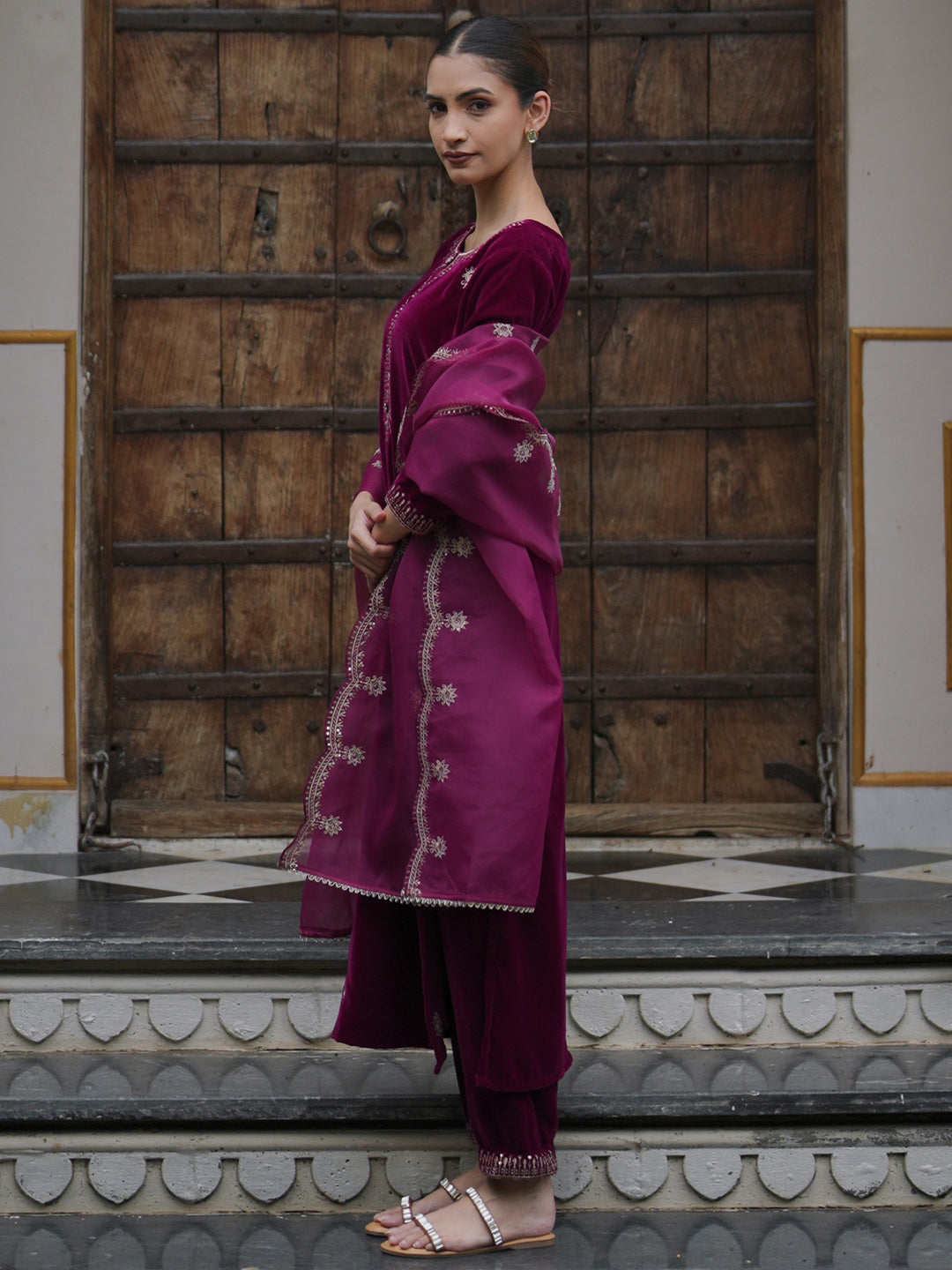 Indo Era Burgundy Embroidered Straight Kurta Trousers With Dupatta set