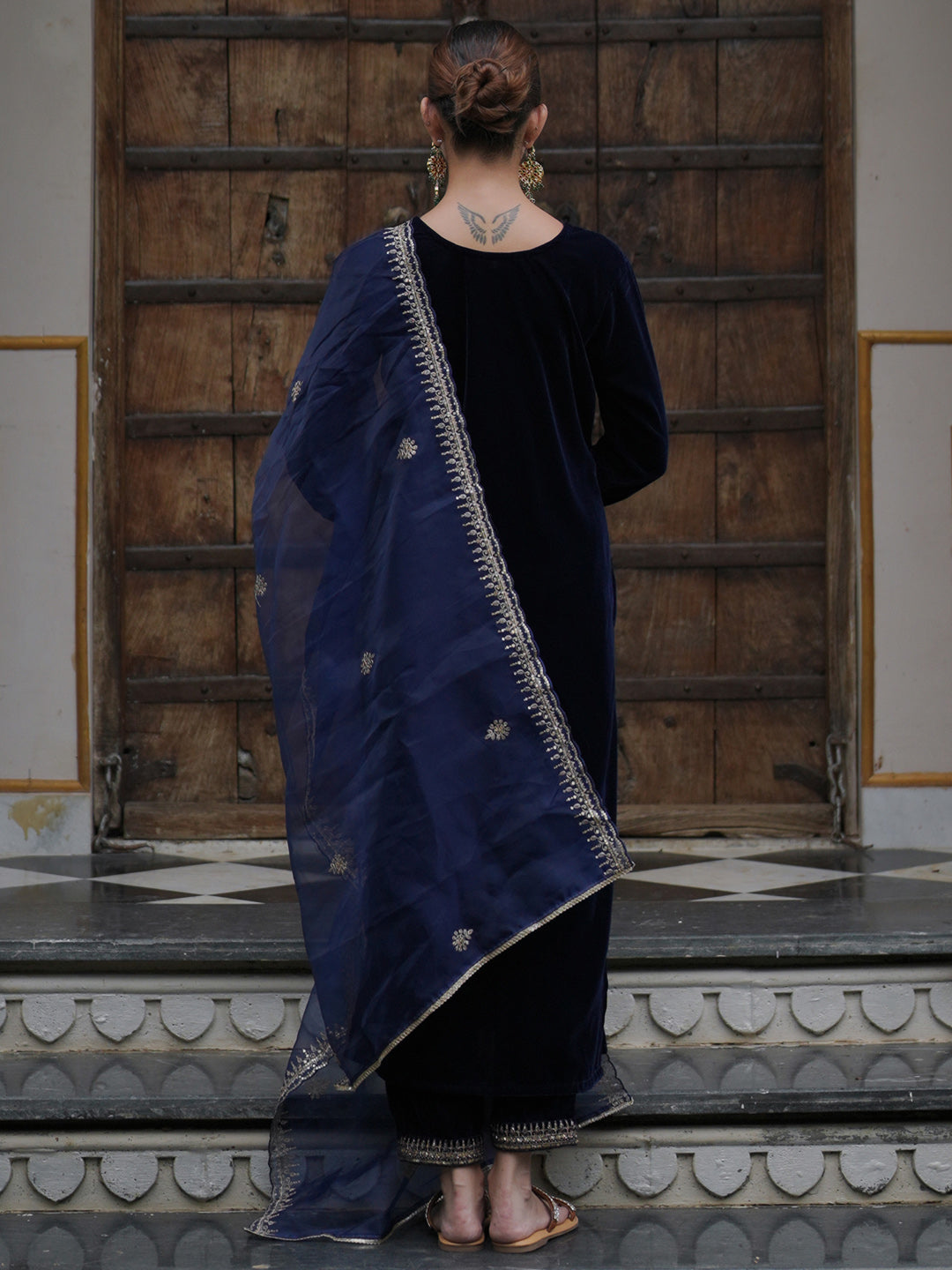 Indo Era Blue Embroidered Straight Kurta Trousers With Dupatta set