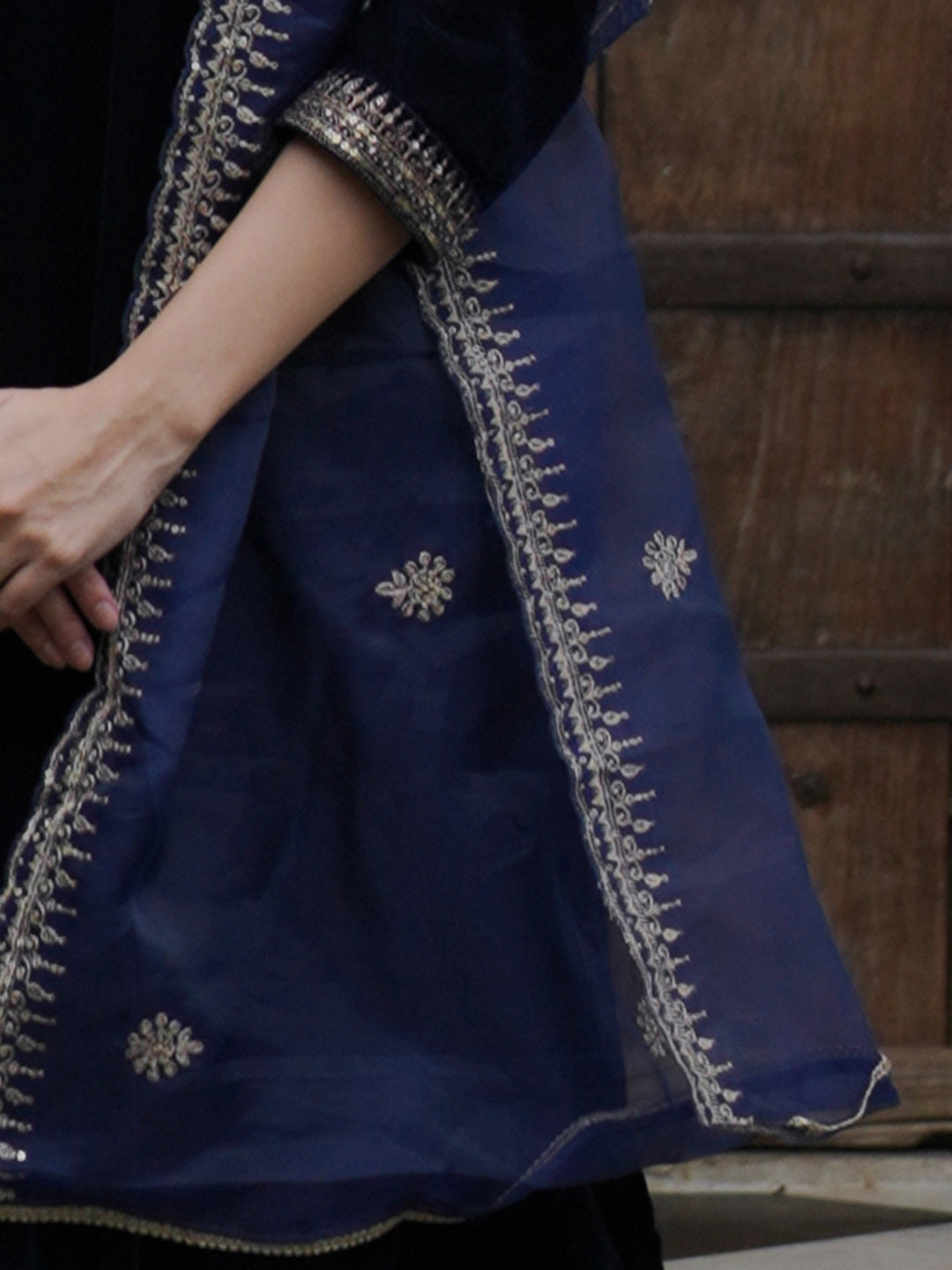 Indo Era Blue Embroidered Straight Kurta Trousers With Dupatta set