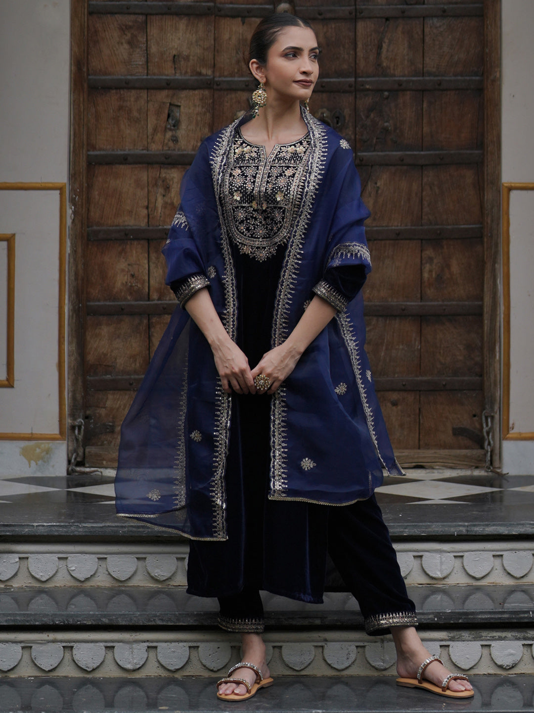 Indo Era Blue Embroidered Straight Kurta Trousers With Dupatta set
