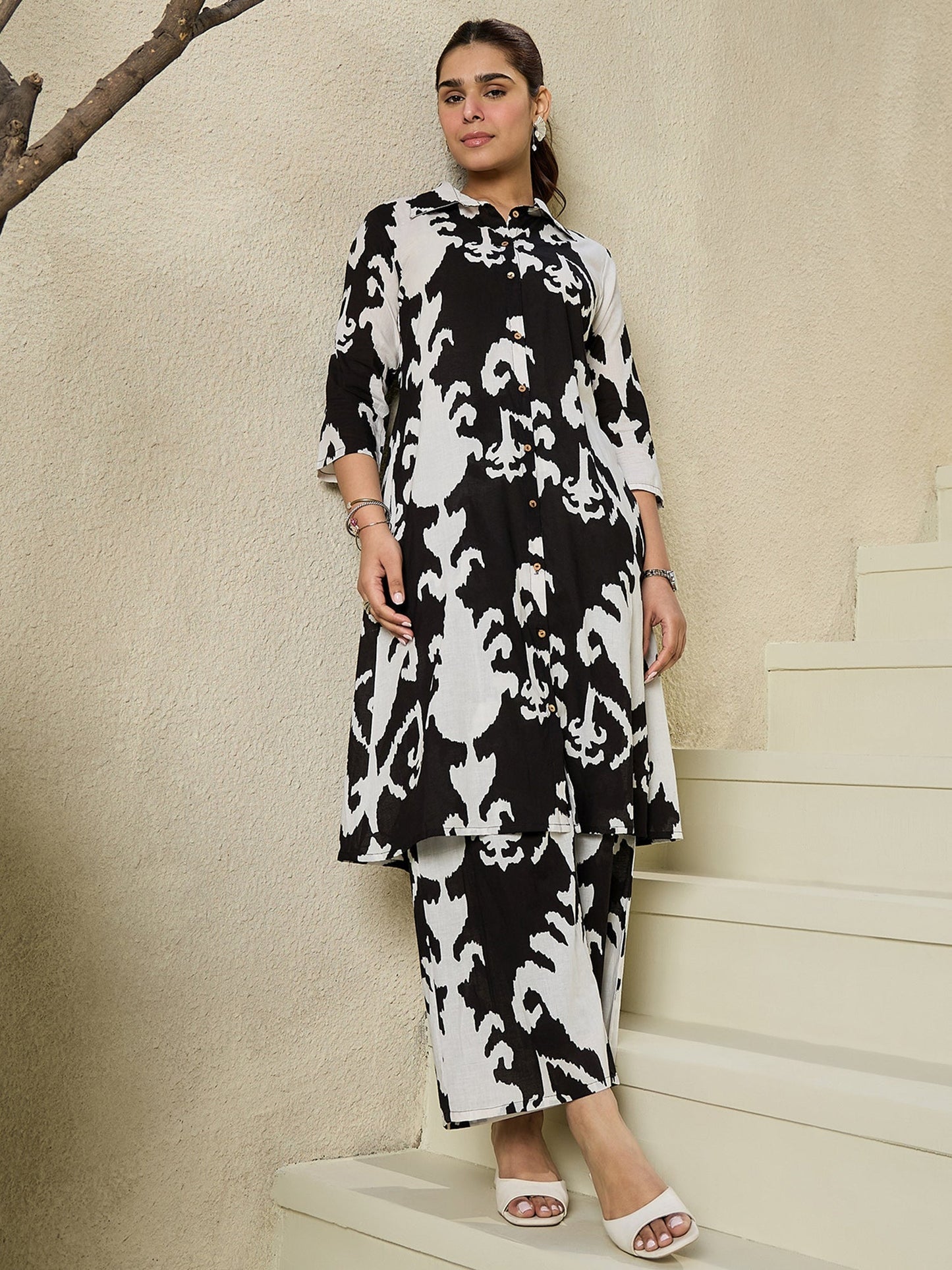 Indo Era Black Printed A-Line Kurta Trousers set