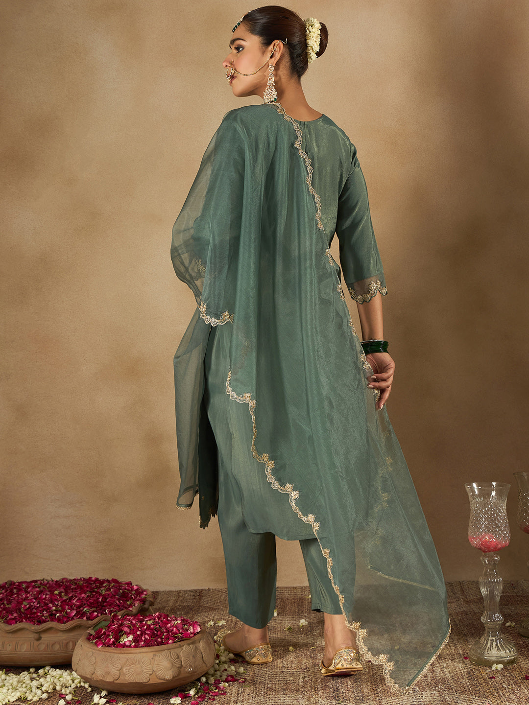 Green Embroidered Straight Kurta Trousers With Dupatta Set