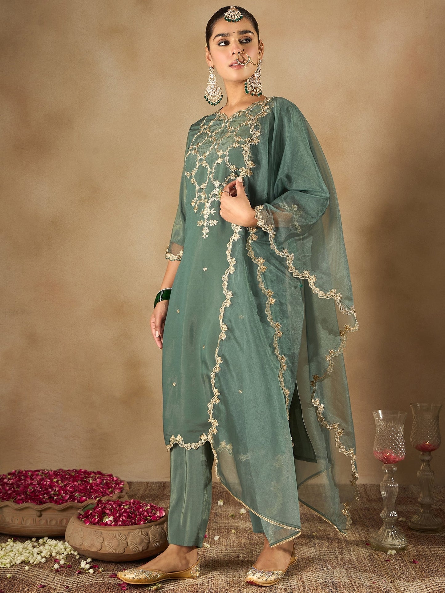 Green Embroidered Straight Kurta Trousers With Dupatta Set