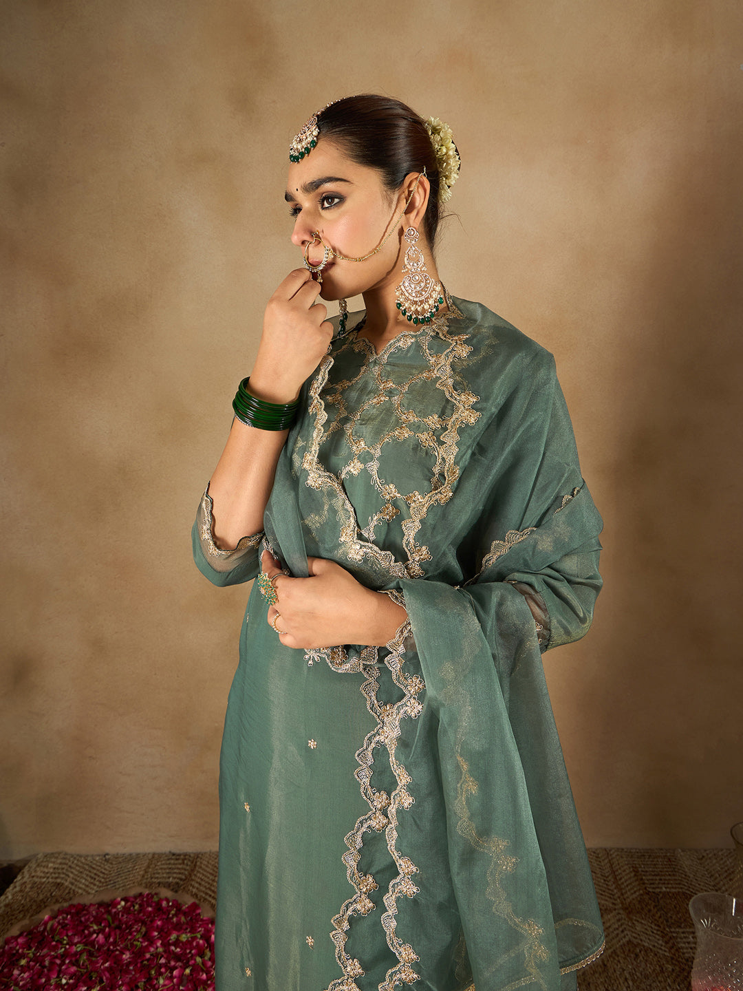 Green Embroidered Straight Kurta Trousers With Dupatta Set