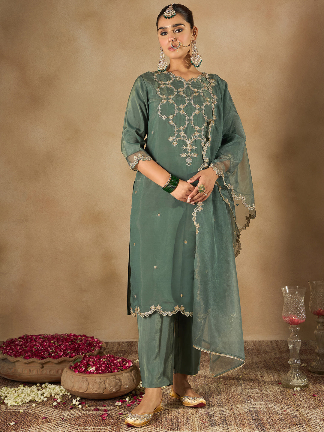 Green Embroidered Straight Kurta Trousers With Dupatta Set