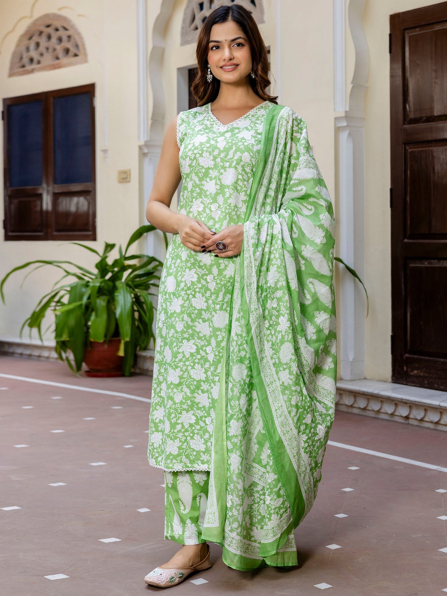Green Printed Straight Kurta Trousers With Dupatta Set