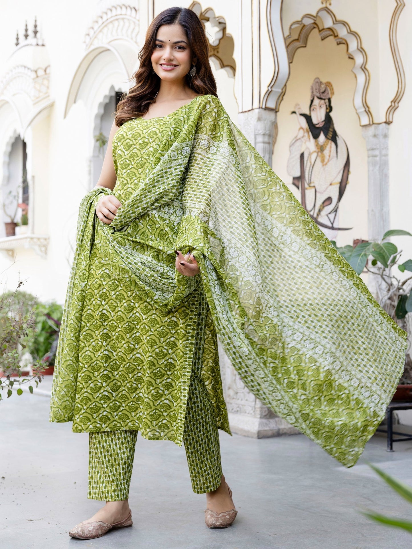 Green Printed Straight Kurta Trousers With Dupatta Set
