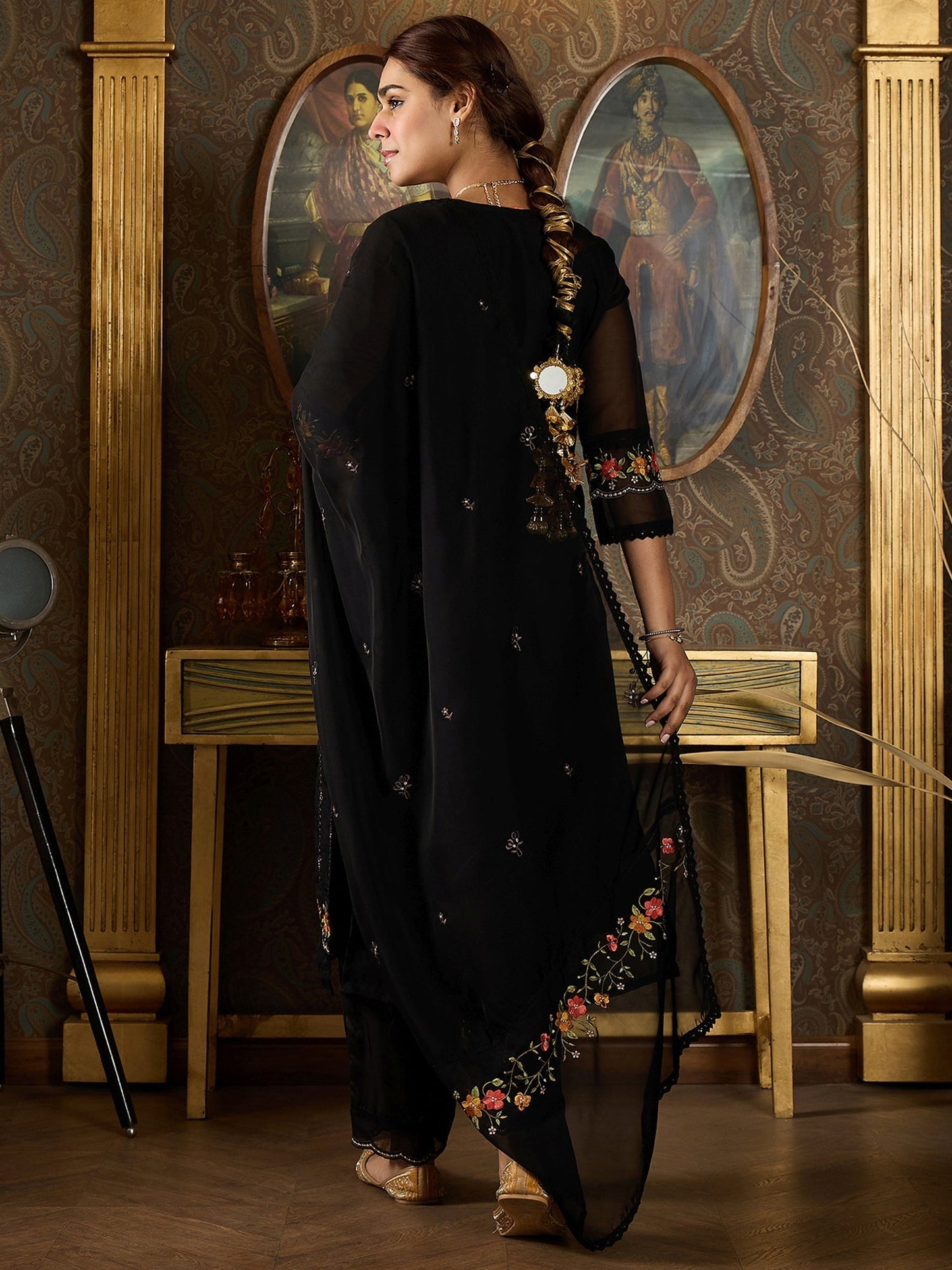 Indo Era Black Embroidered Straight Kurta Trousers With Dupatta set
