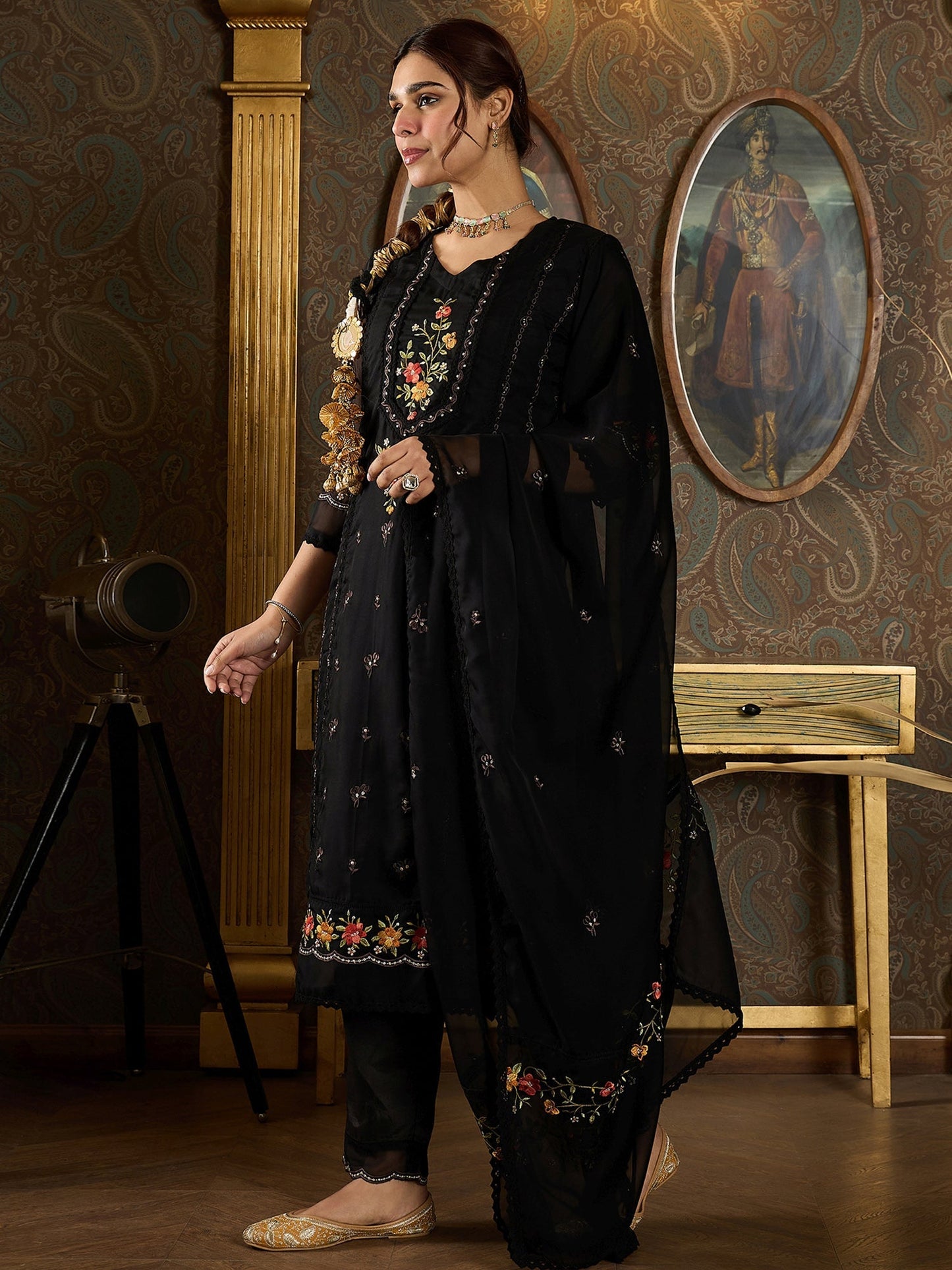 Indo Era Black Embroidered Straight Kurta Trousers With Dupatta set