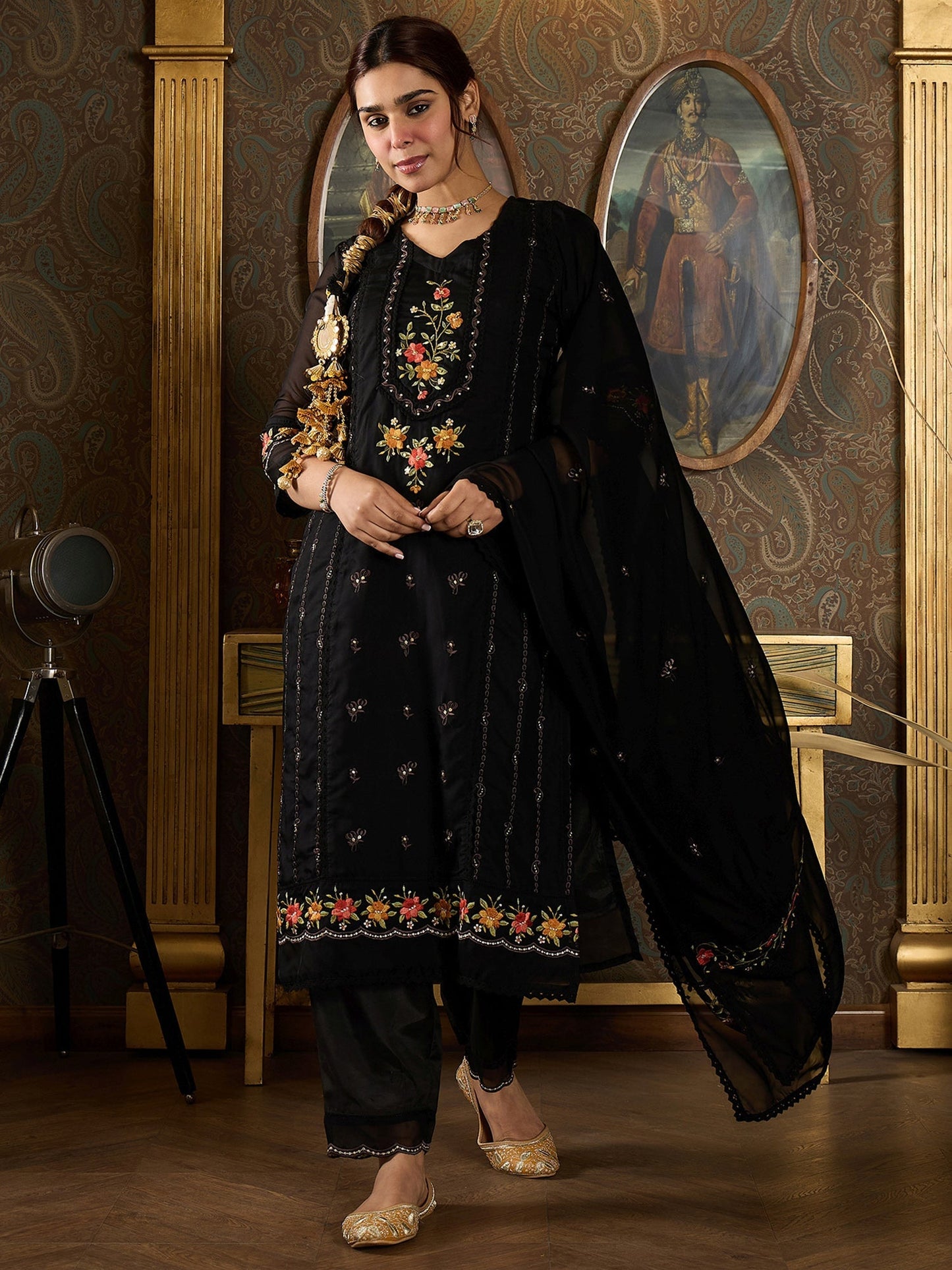 Indo Era Black Embroidered Straight Kurta Trousers With Dupatta set