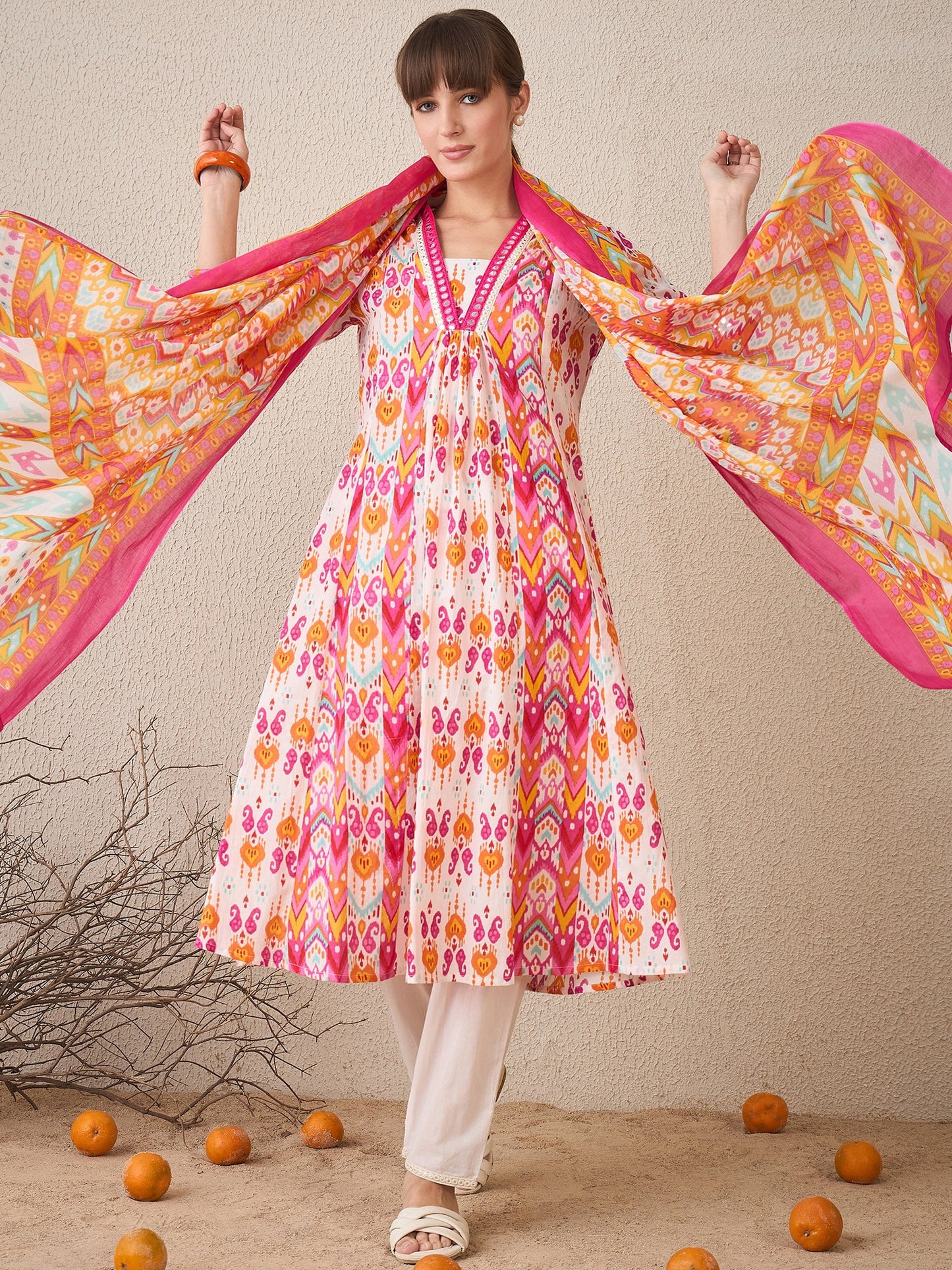 Multi Printed A-Line Kurta Trousers With Dupatta set