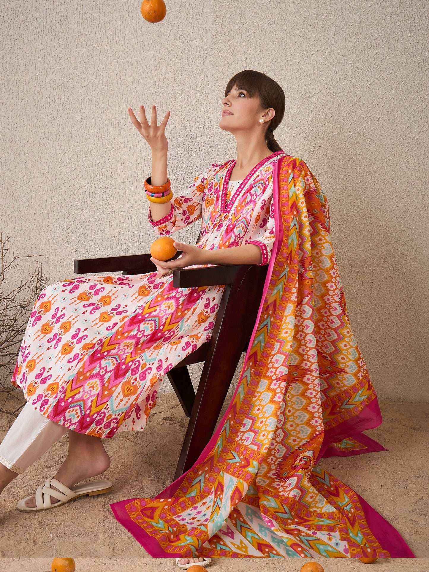 Multi Printed A-Line Kurta Trousers With Dupatta set
