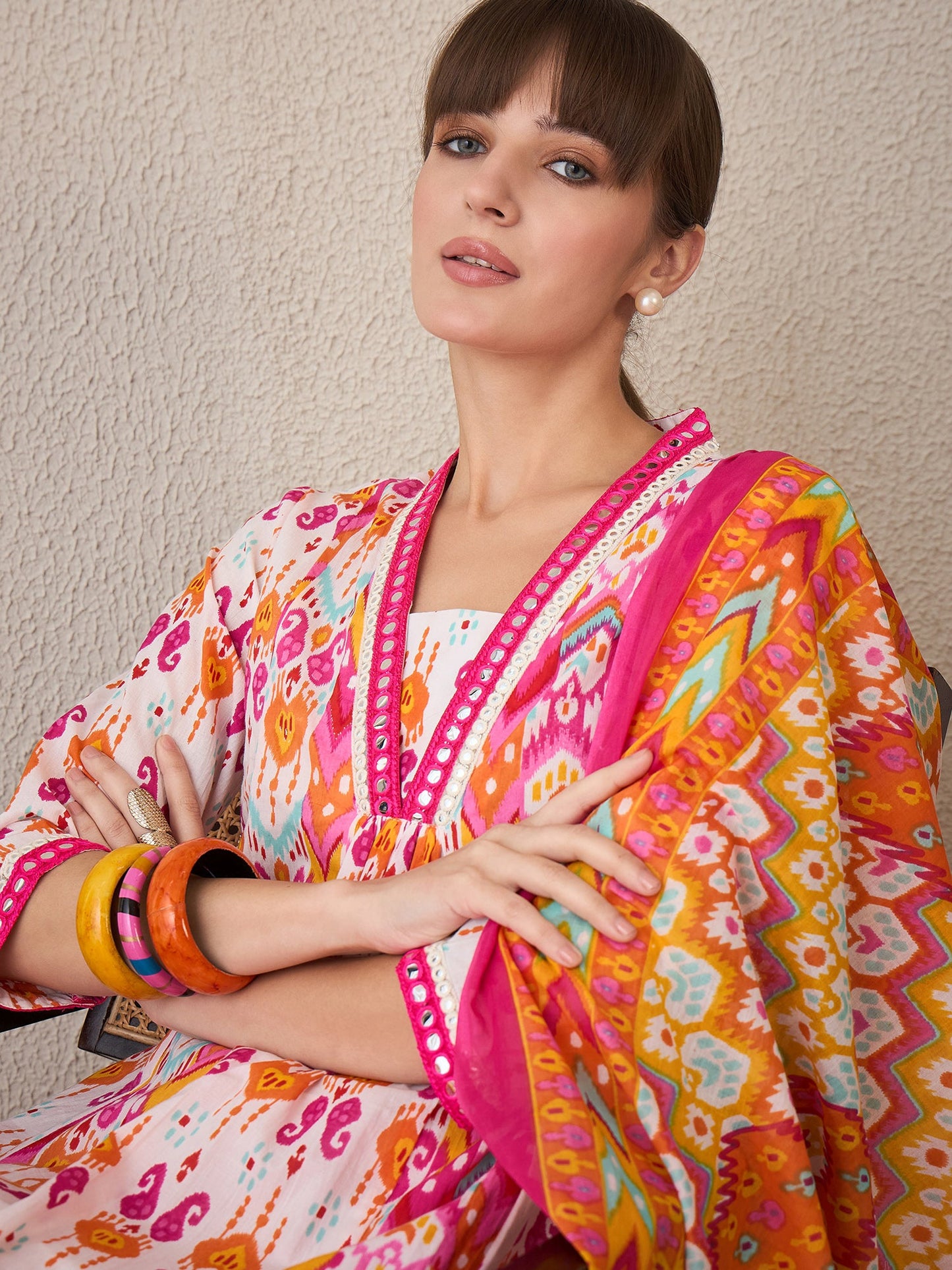 Multi Printed A-Line Kurta Trousers With Dupatta set