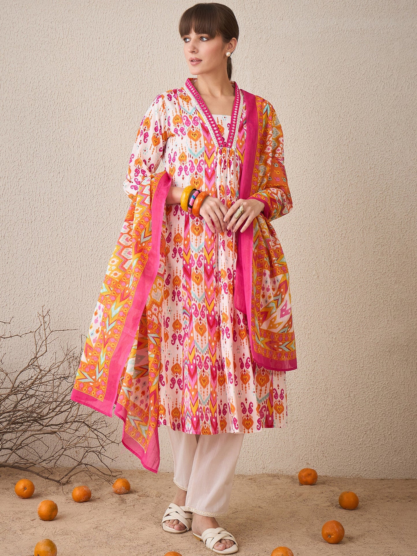 Multi Printed A-Line Kurta Trousers With Dupatta set