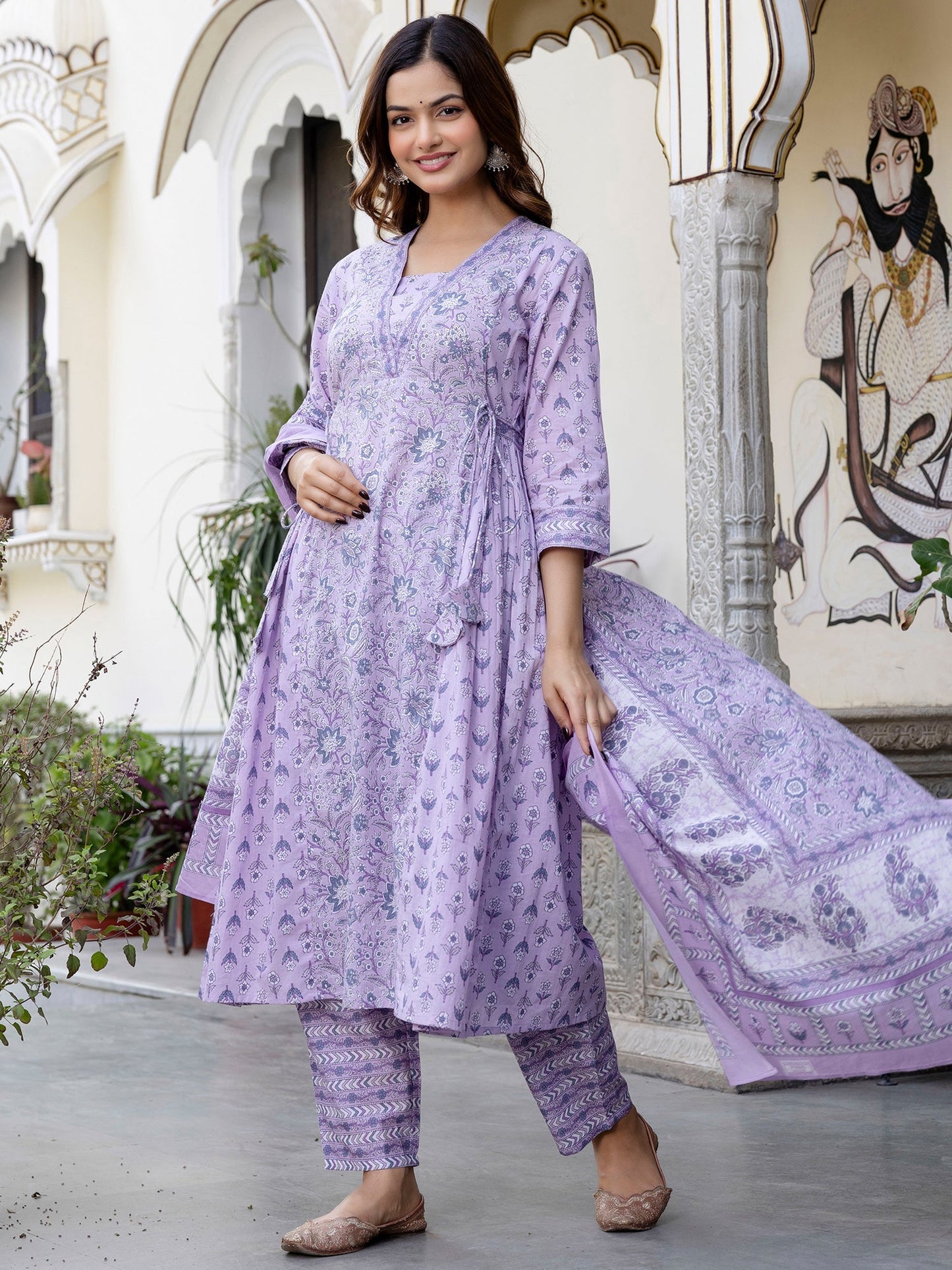 Lavender Printed A-Line Kurta Trousers With Dupatta set